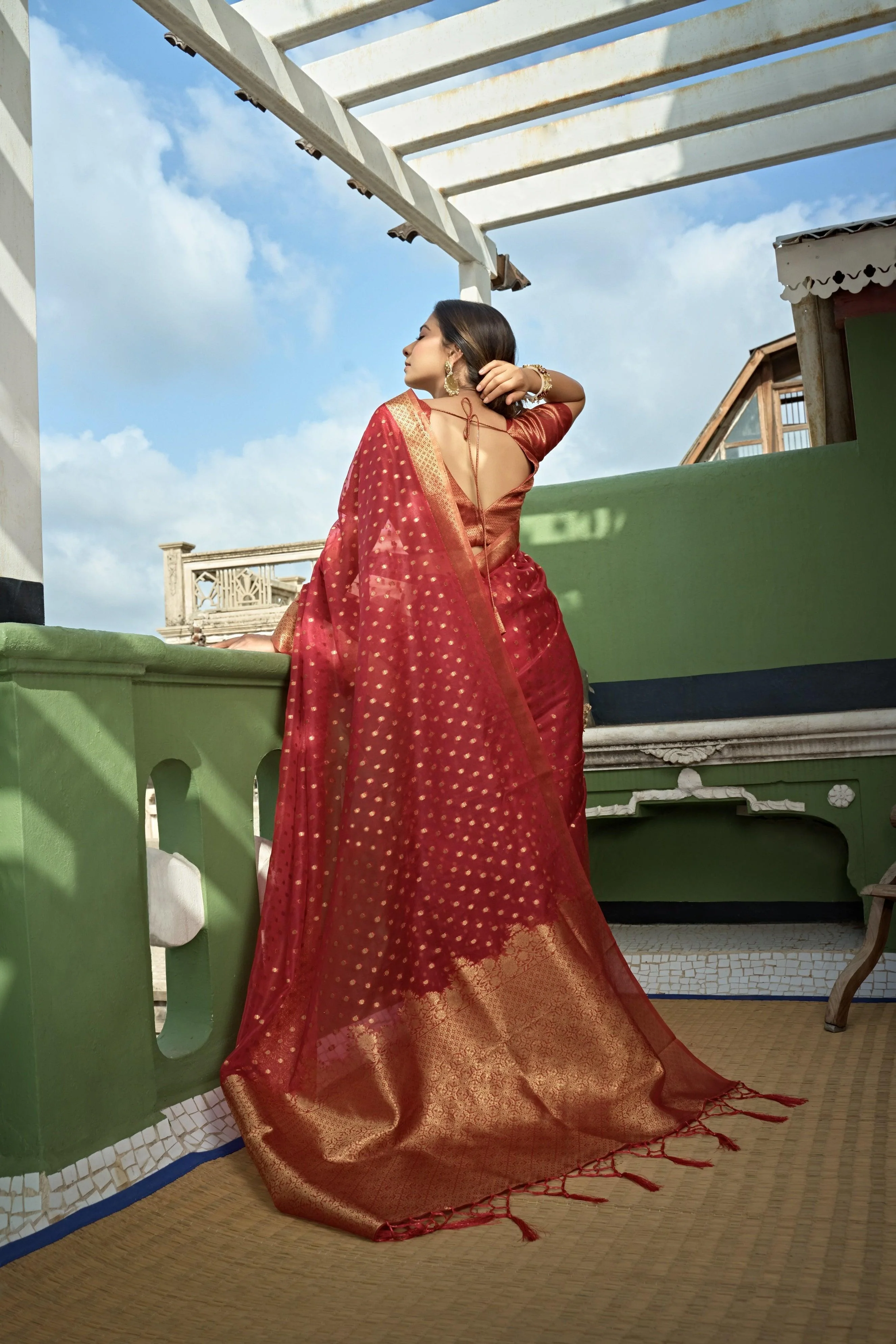 Apple Red Banarasi - Organza Saree - Image 3