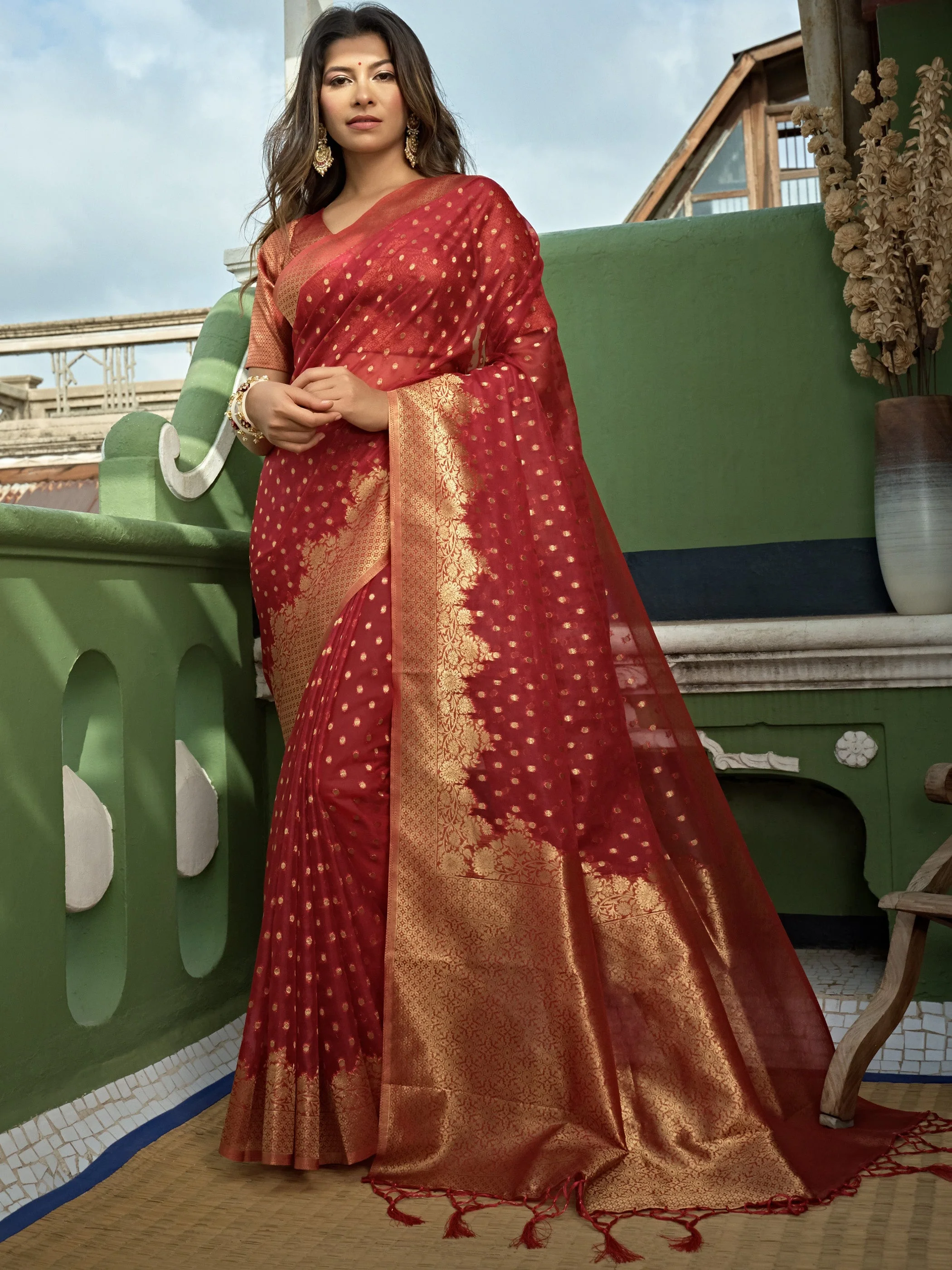 Apple Red Banarasi - Organza Saree - Image 4