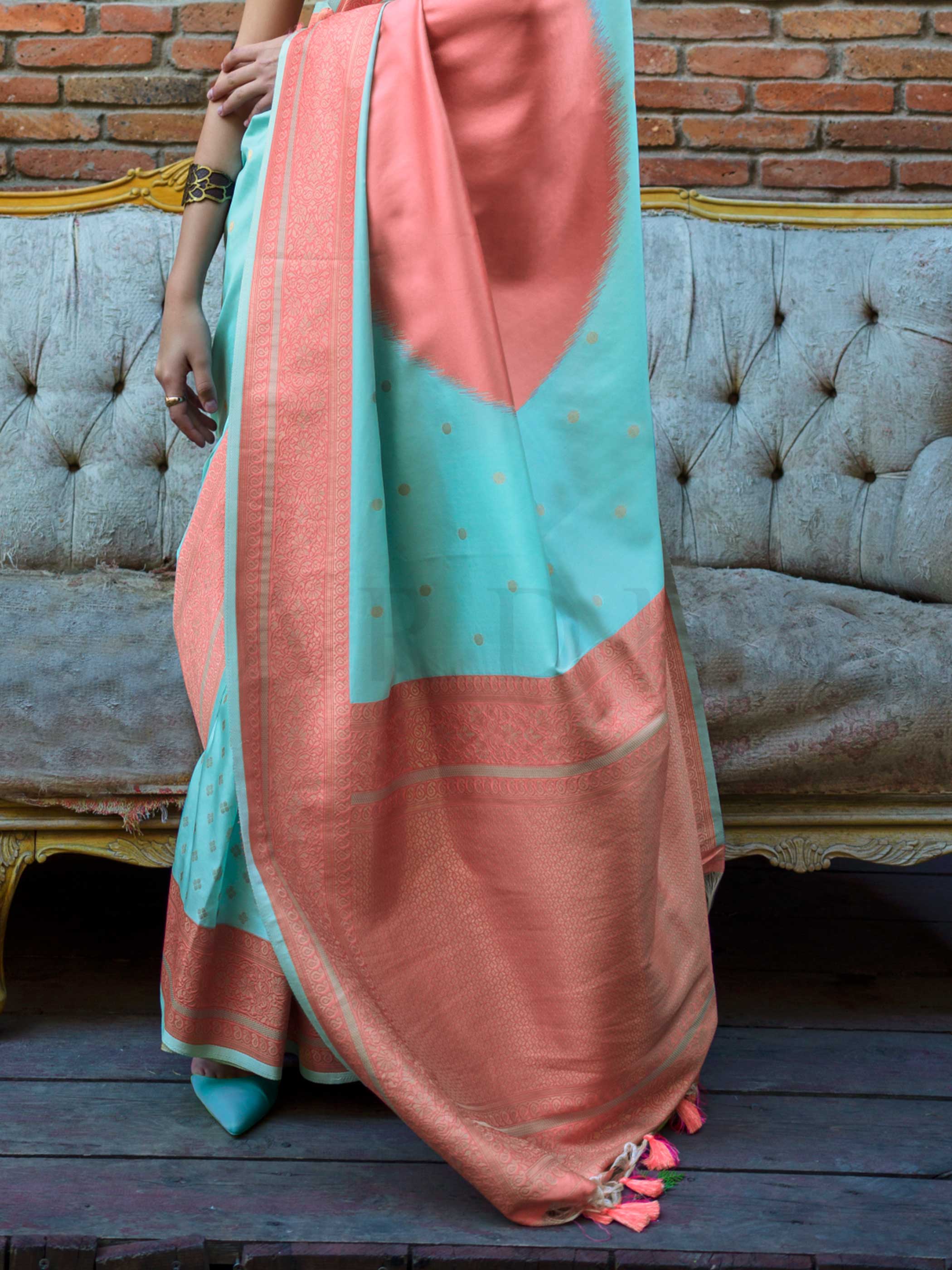 Aqua Blue & Coral Soft Silk Handloom Saree with Woven Border - Image 3