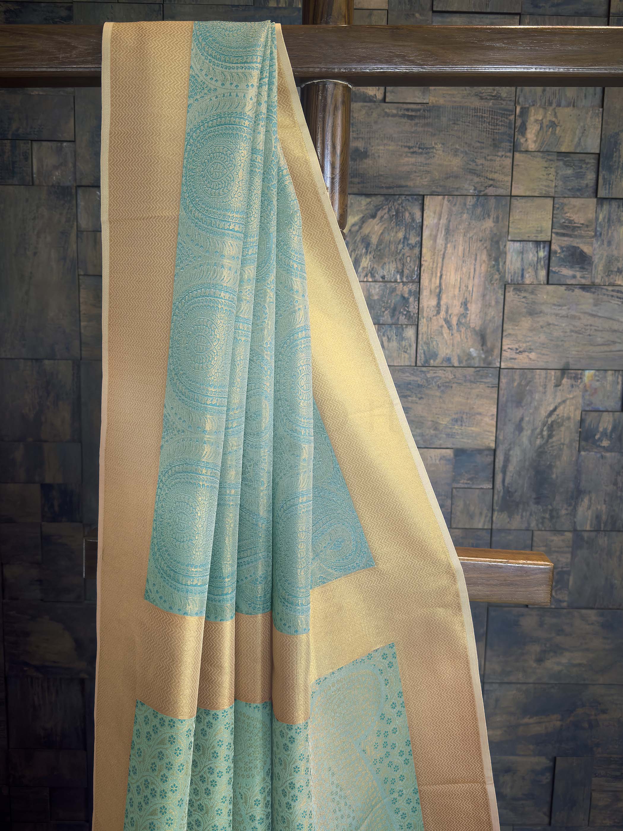 Aqua Blue Tissue Kanjivaram Silk Saree with Gold Zari Work - Image 2