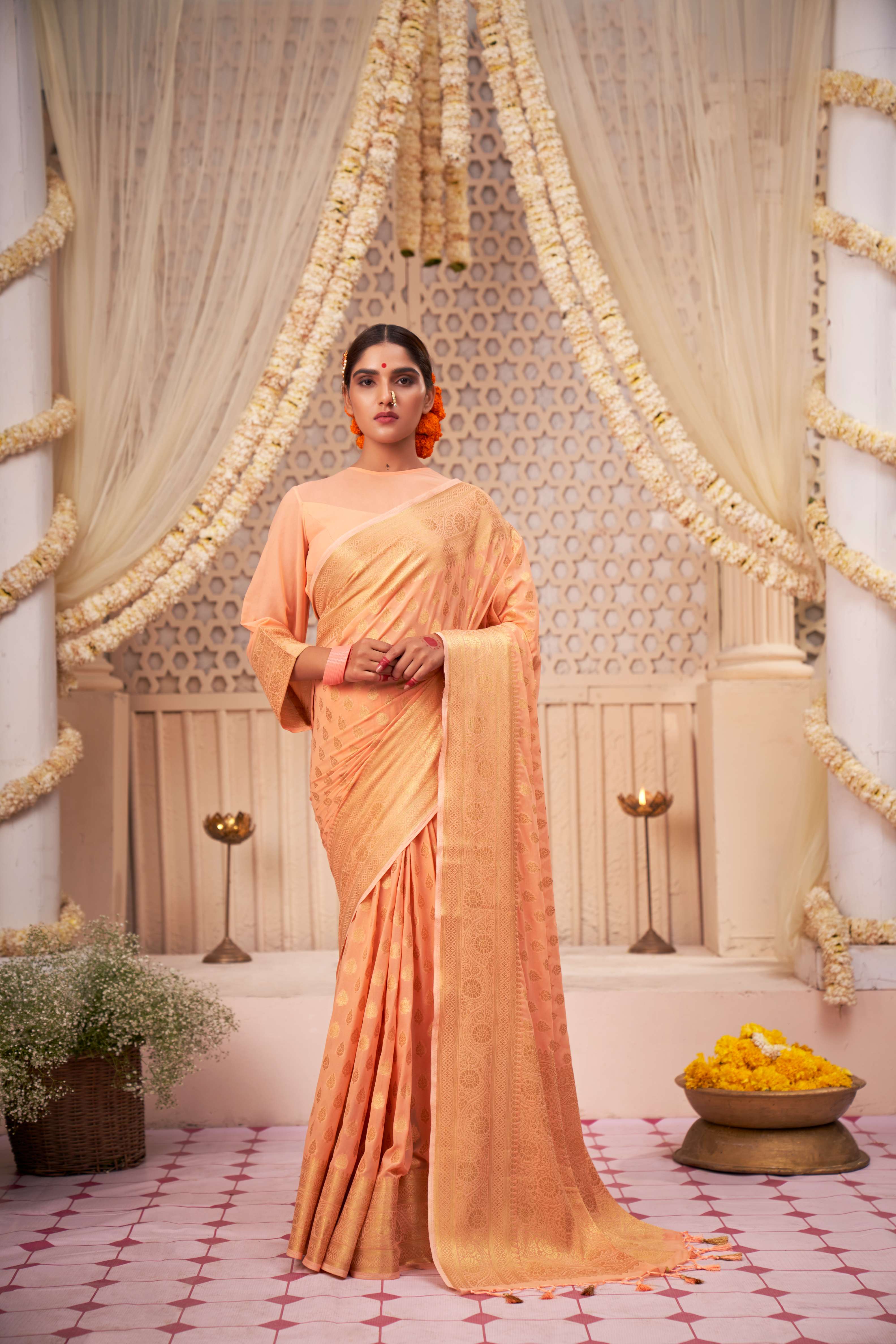 Atomic Tangerine Orange Gold Zari Georgette Viscose Saree - Image 3