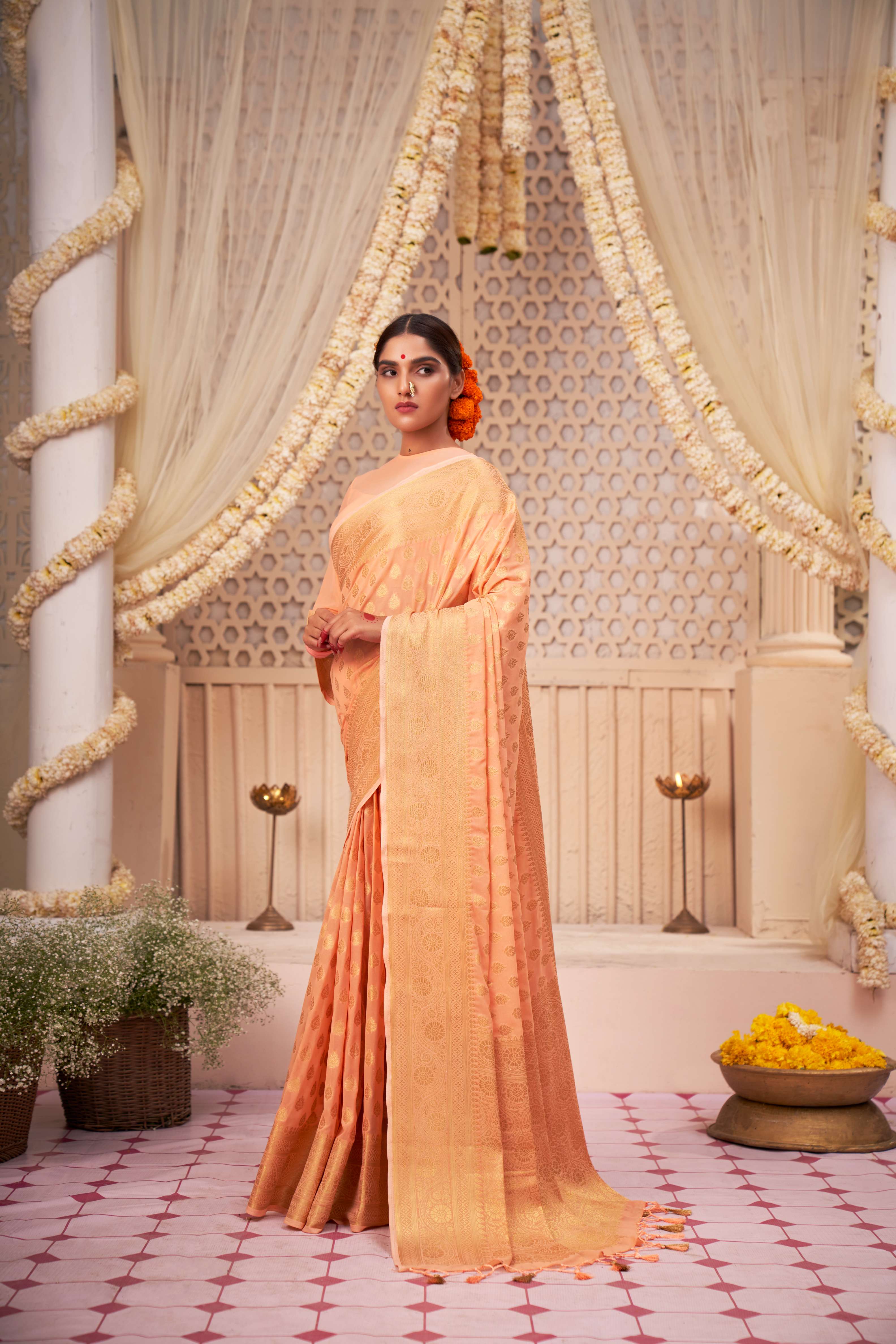 Atomic Tangerine Orange Gold Zari Georgette Viscose Saree - Image 4