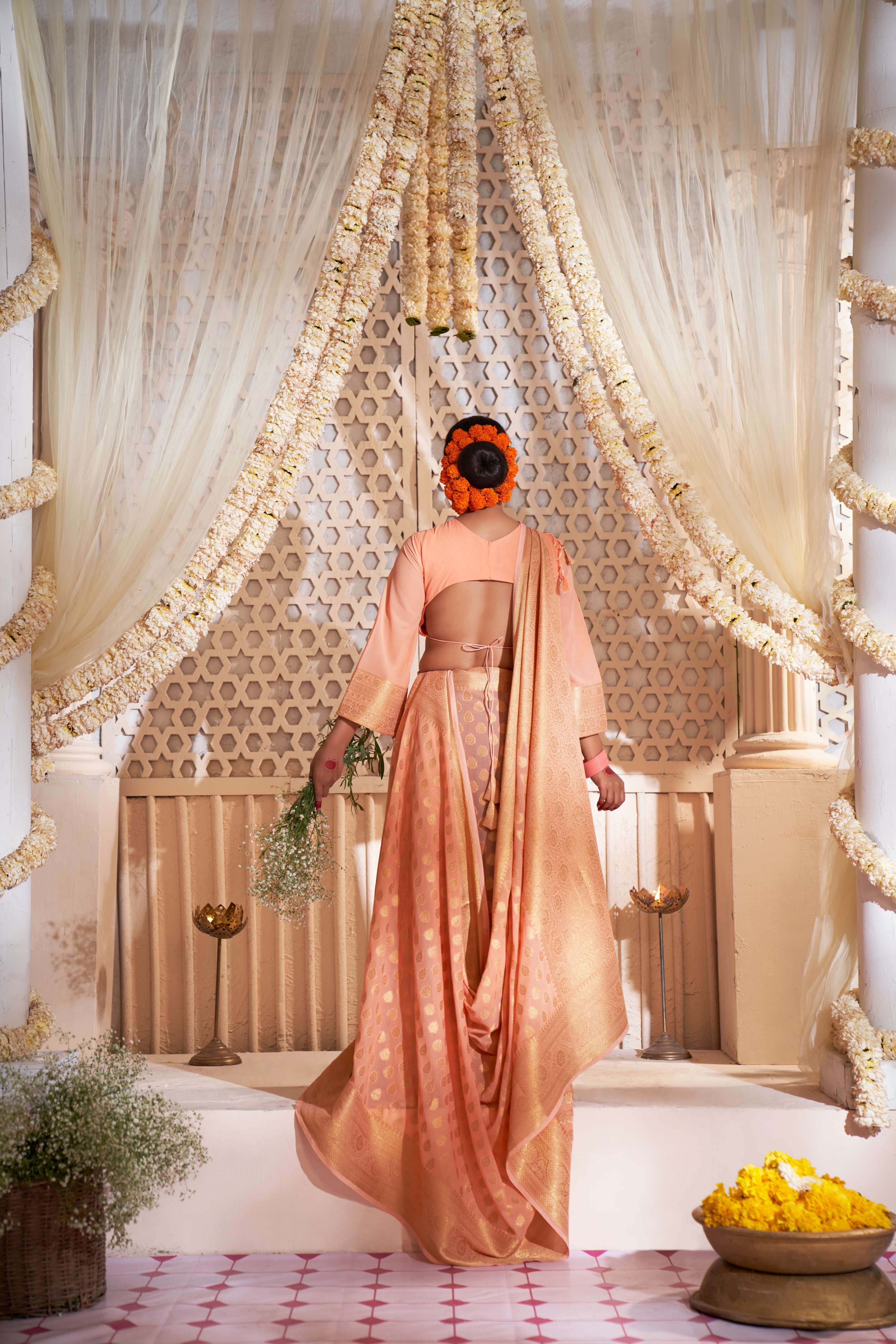 Atomic Tangerine Orange Gold Zari Georgette Viscose Saree - Image 5