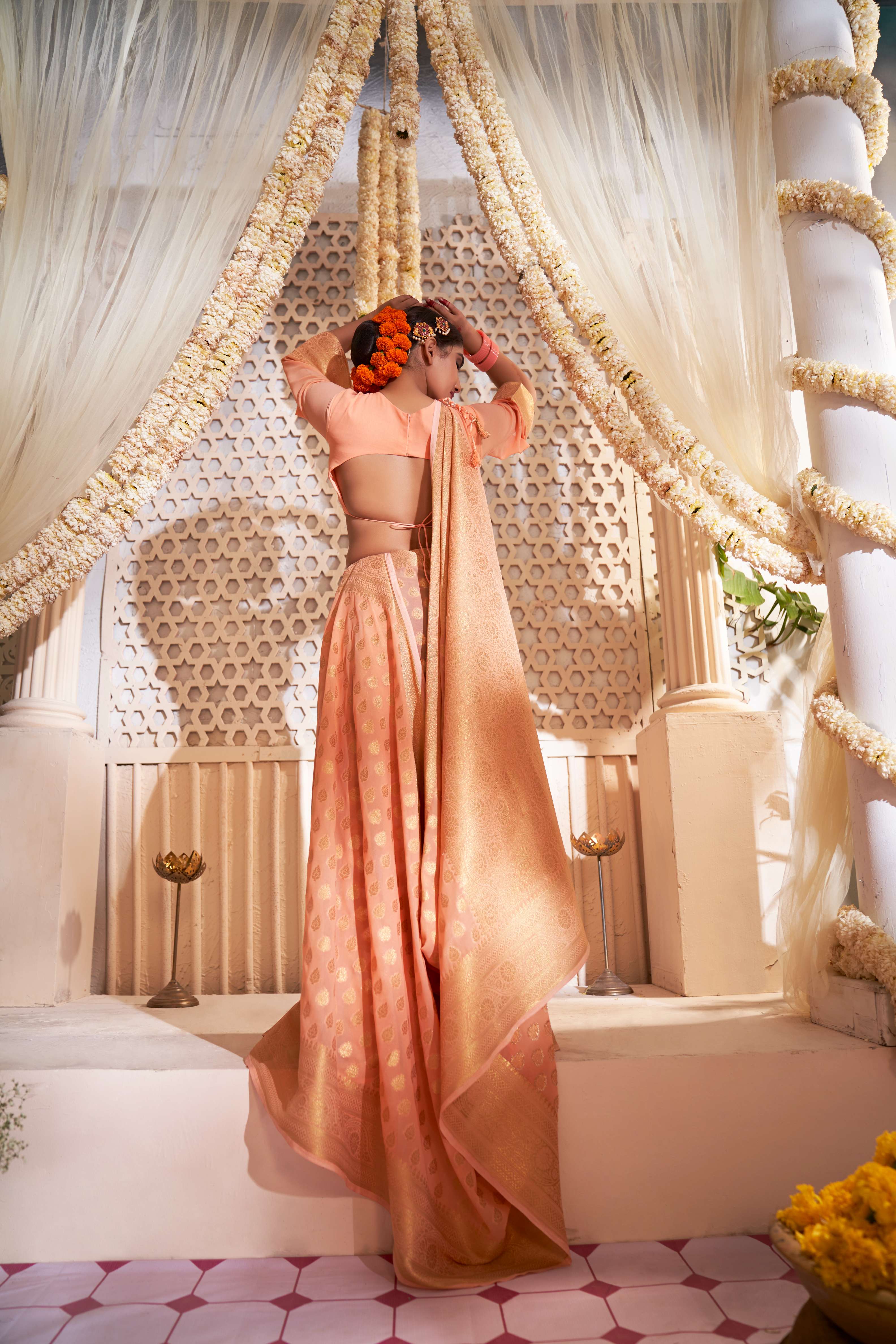 Atomic Tangerine Orange Gold Zari Georgette Viscose Saree - Image 6