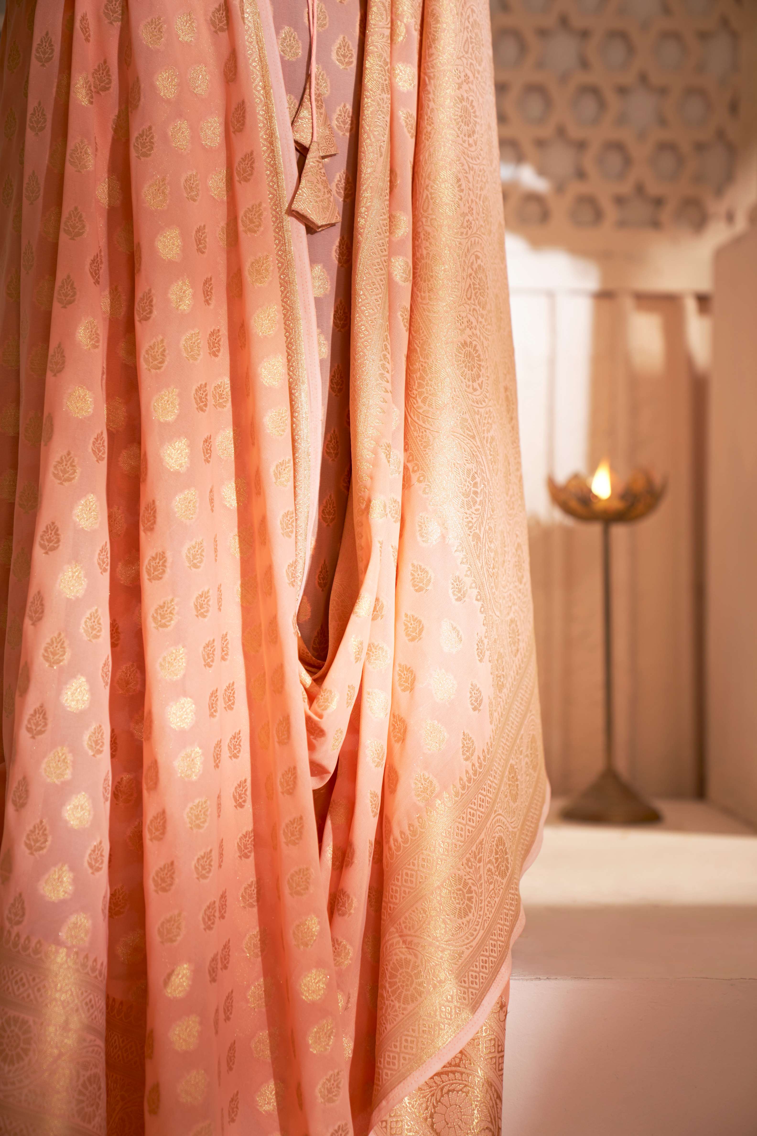 Atomic Tangerine Orange Gold Zari Georgette Viscose Saree - Image 7