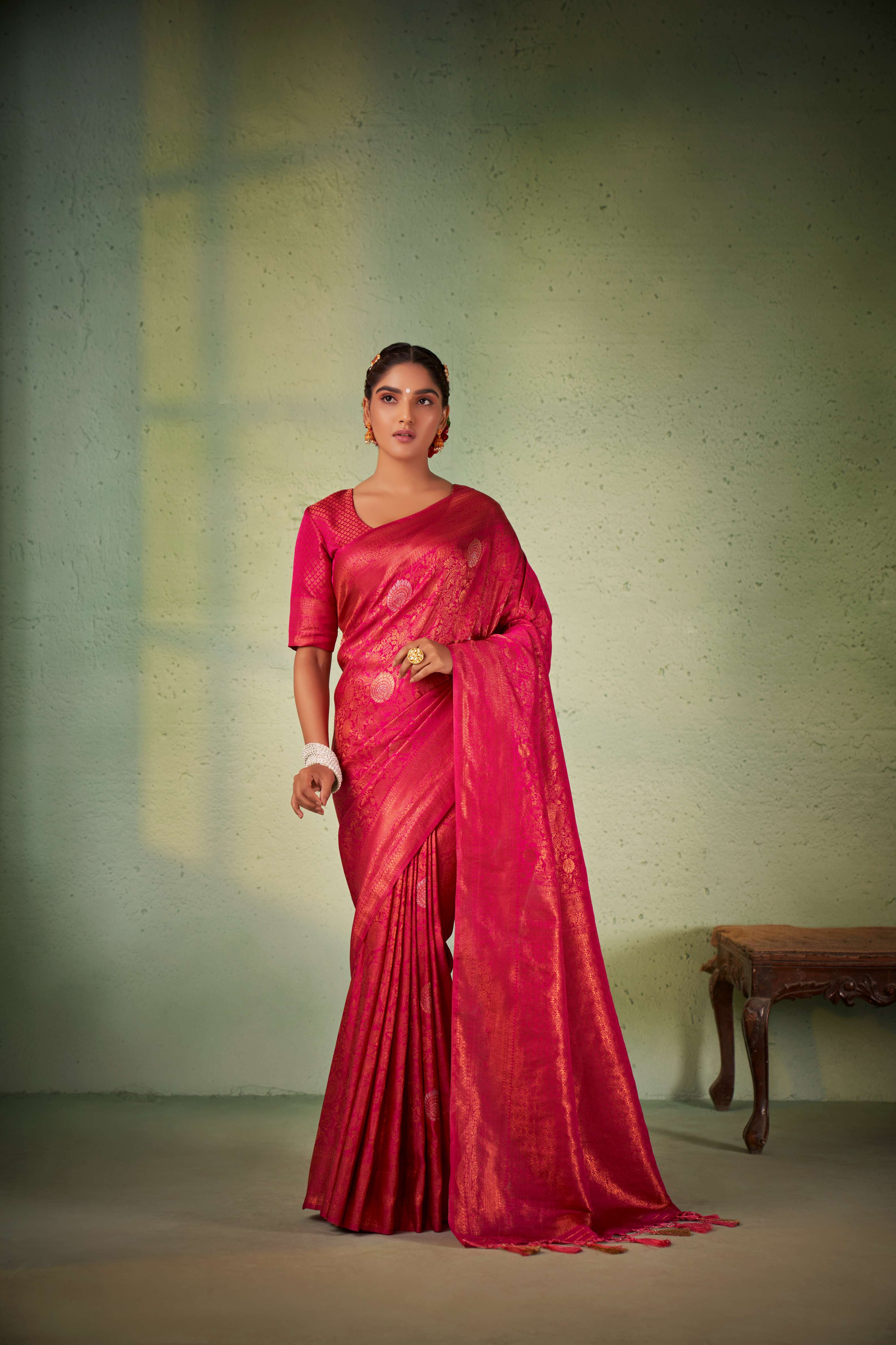 Barbie Pink Copper Zari Kanjivaram Silk Saree - Image 4