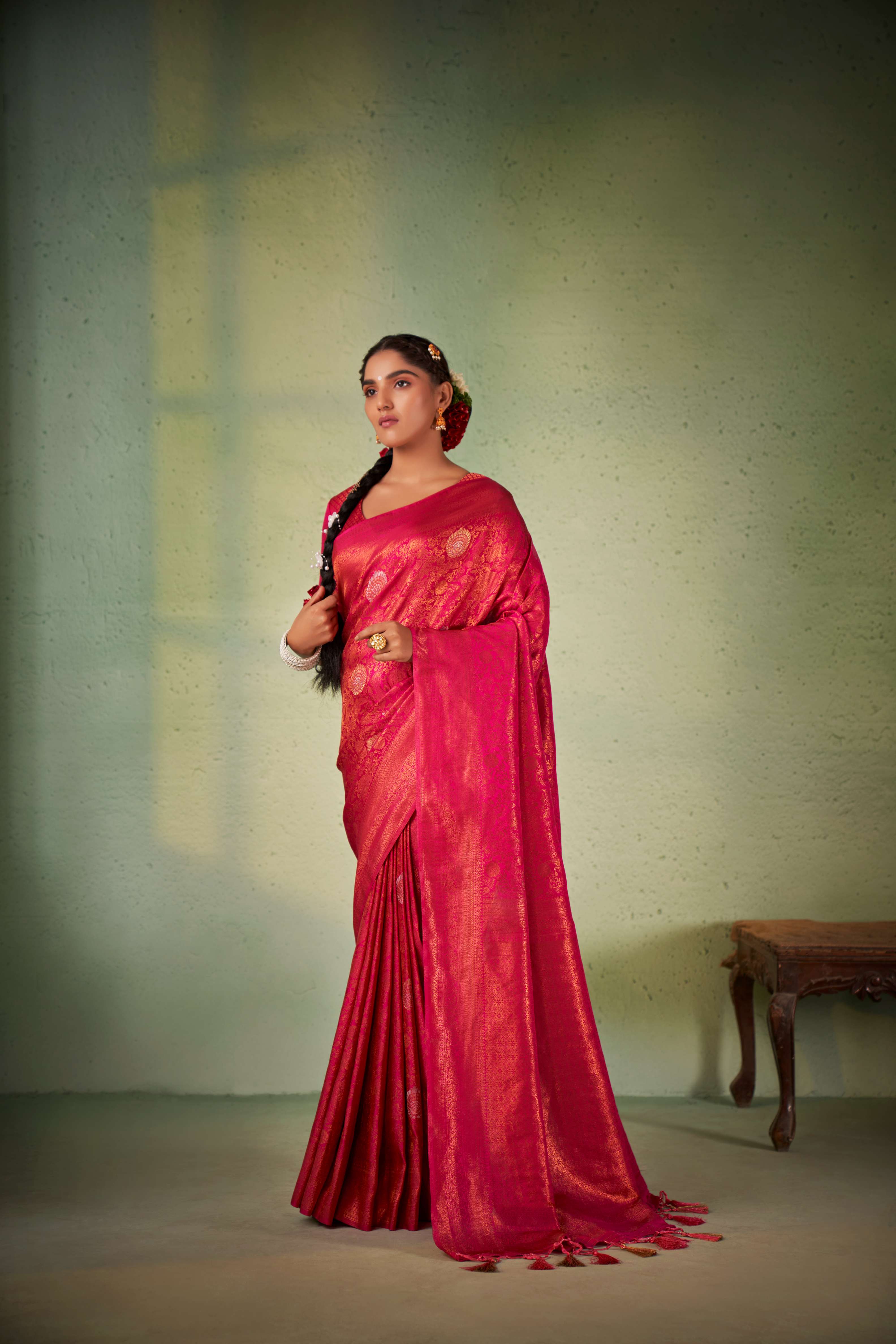 Barbie Pink Copper Zari Kanjivaram Silk Saree - Image 5