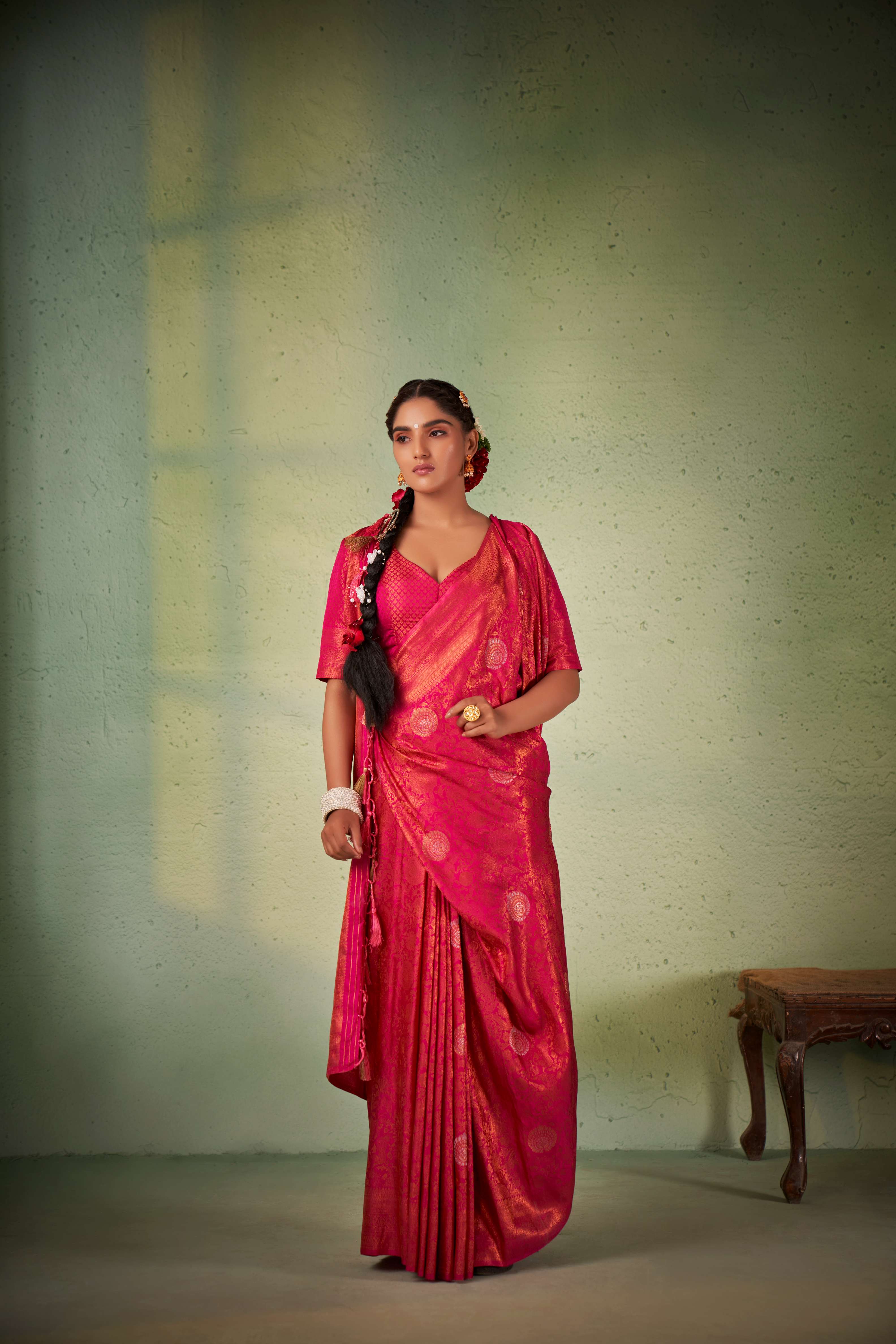Barbie Pink Copper Zari Kanjivaram Silk Saree - Image 6
