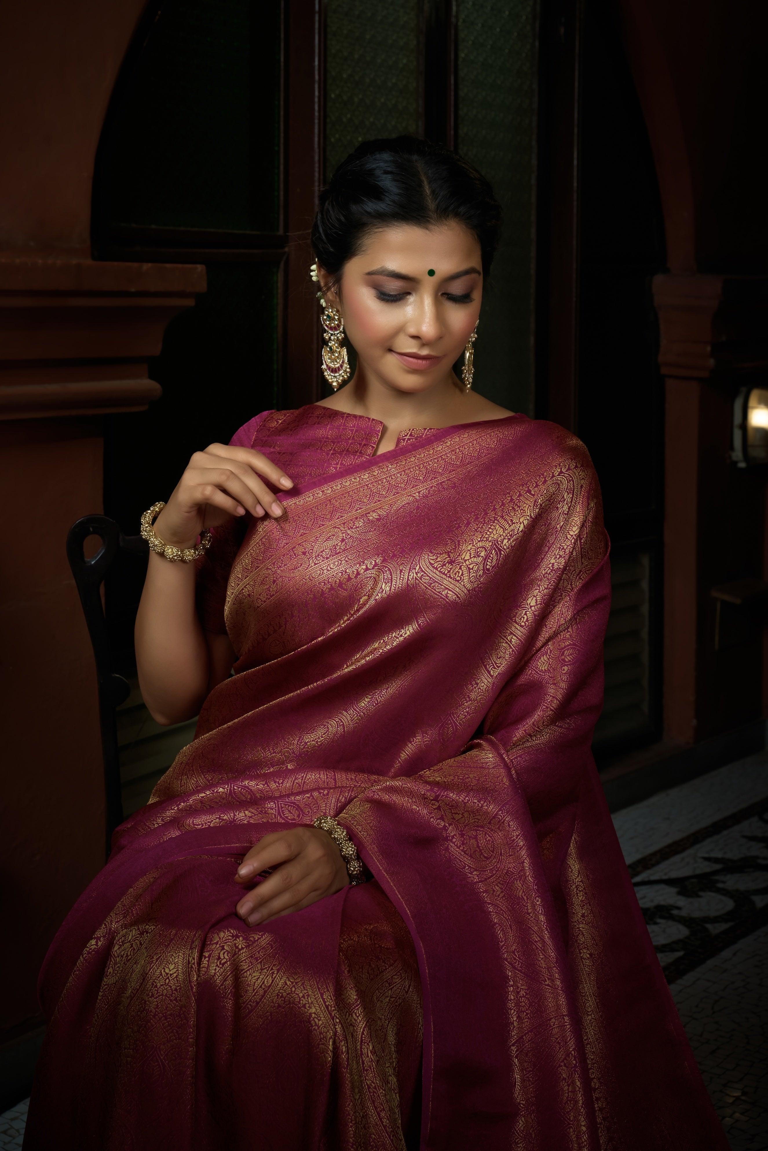 Barbie Pink Golden Zari Kanjivaram Silk Saree - Image 3