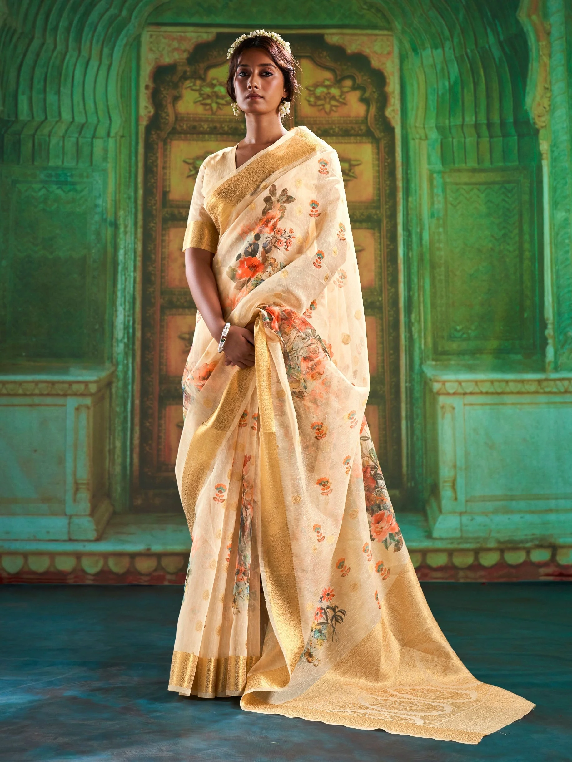 Beige Print Linen Saree