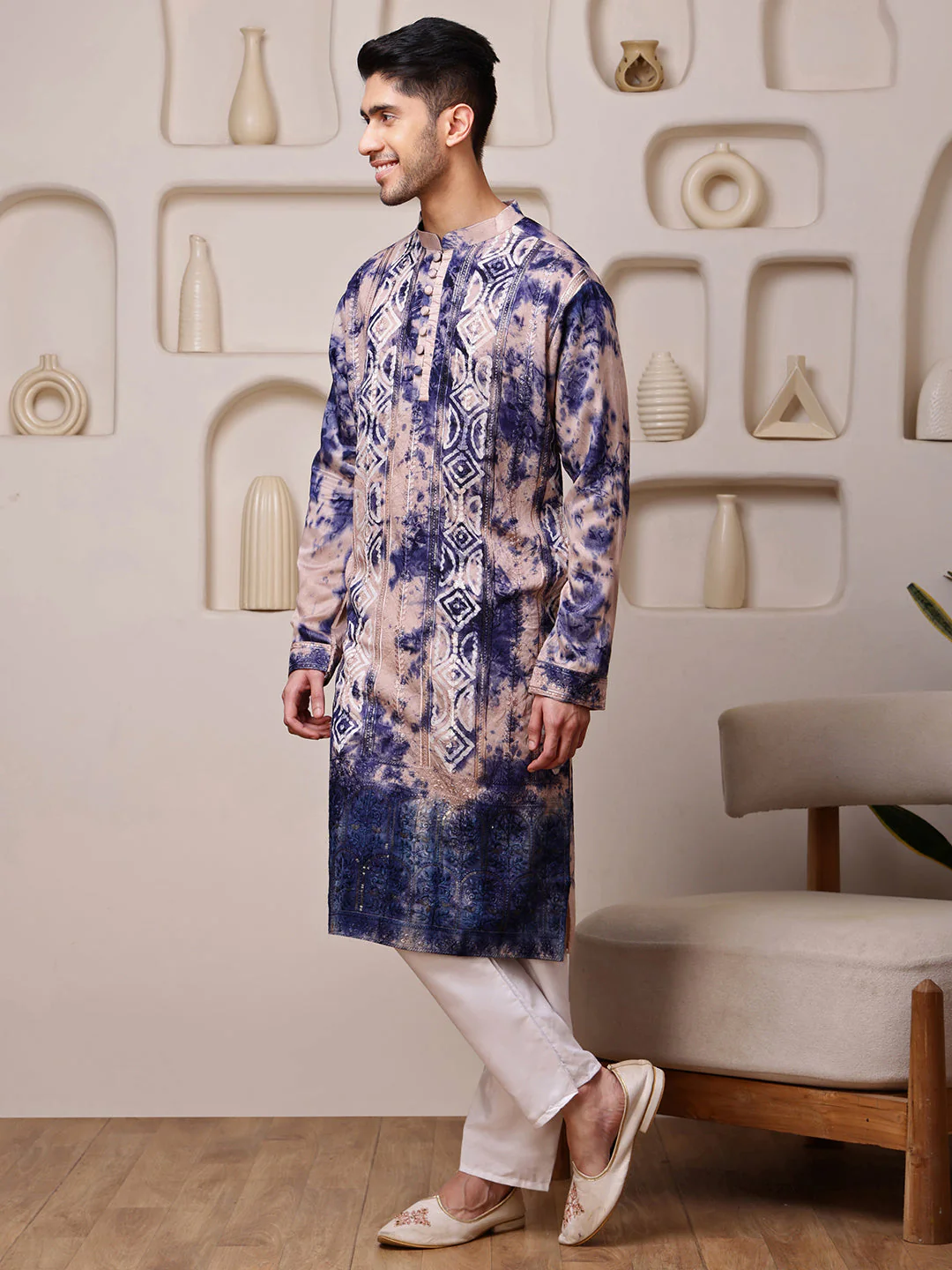 Beige–Navy Blue Kurta with Embroidered Tie-Dye Work - Image 4