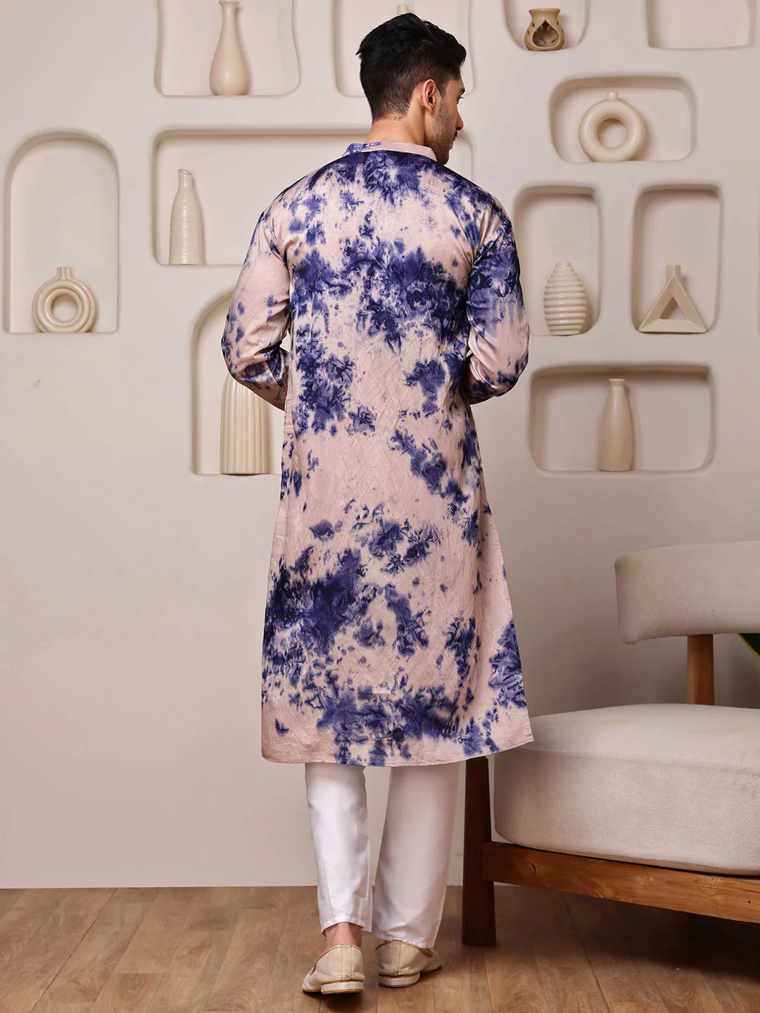Beige–Navy Blue Kurta with Embroidered Tie-Dye Work - Image 5