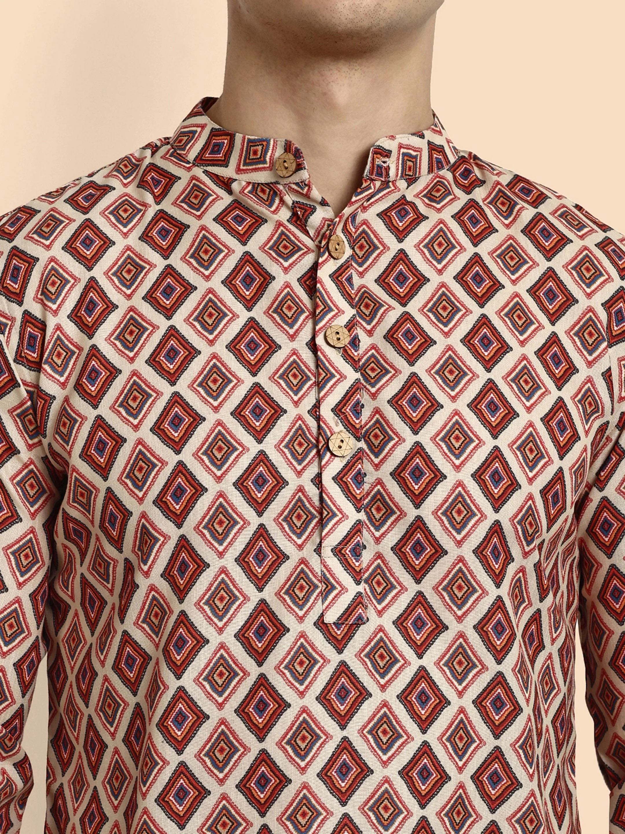 Beige Printed Men's Short Kurta - Image 2