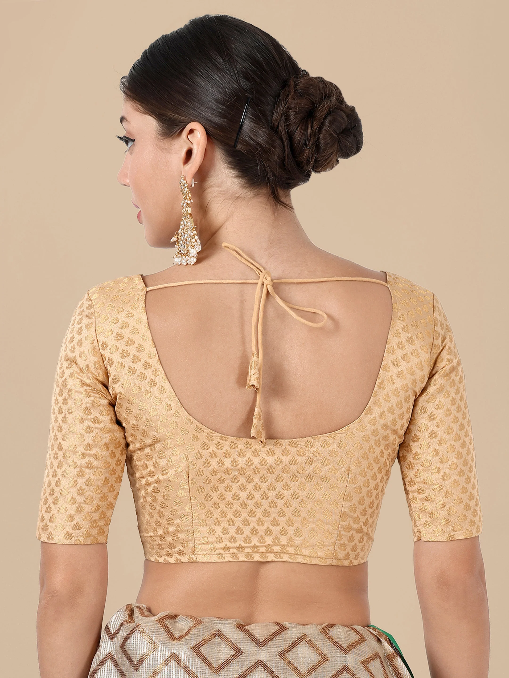 Beige Round Neck Brocade Blouse - Image 3
