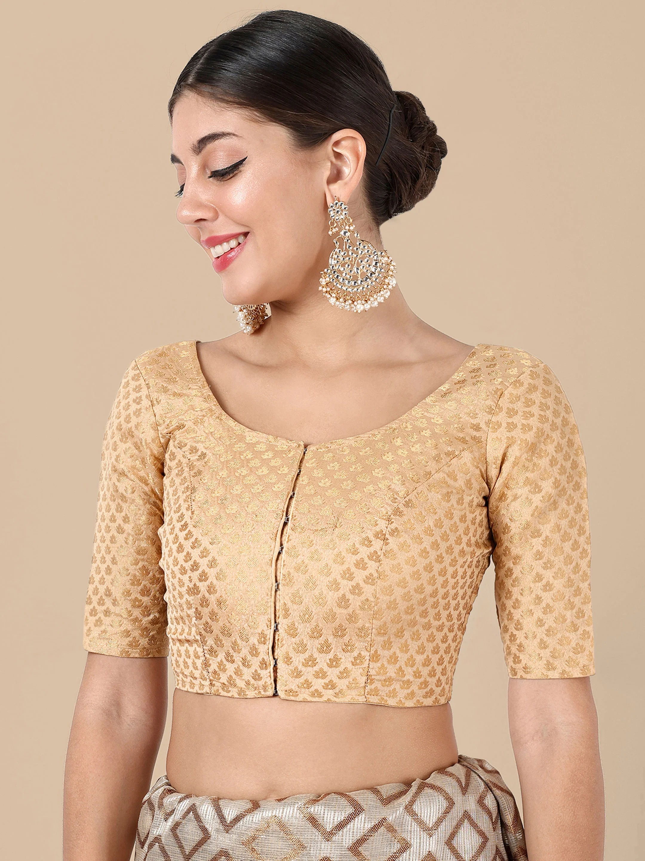Beige Round Neck Brocade Blouse - Image 4