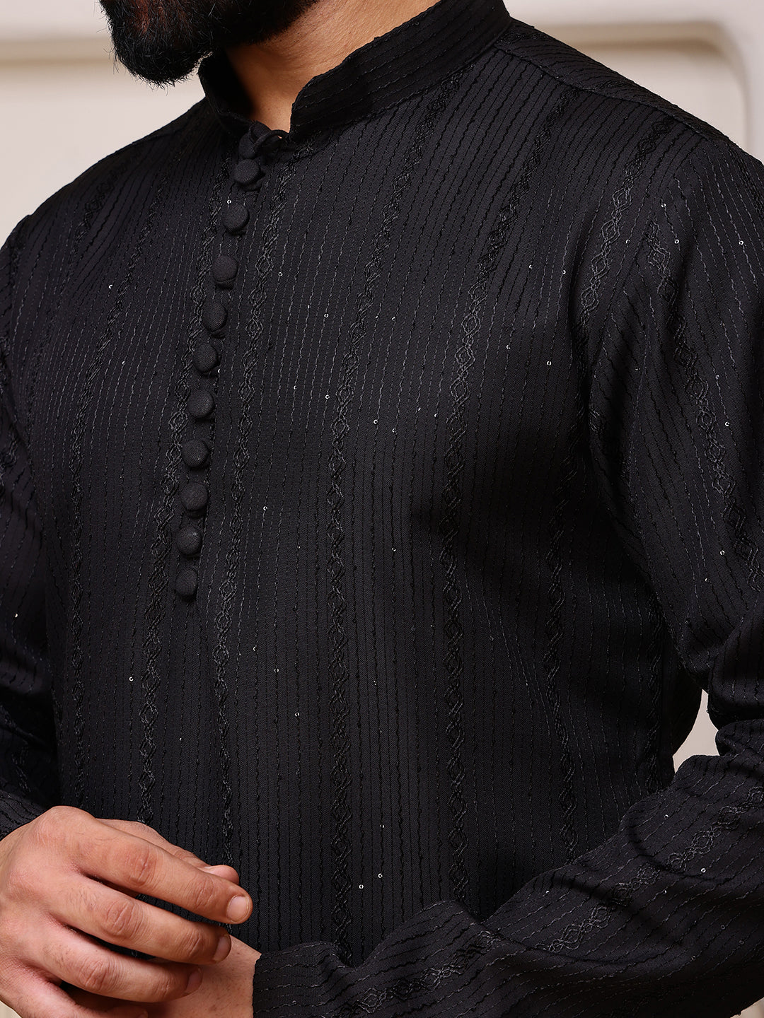 Black Embroidered Kurta with Sequin Dots - Image 3