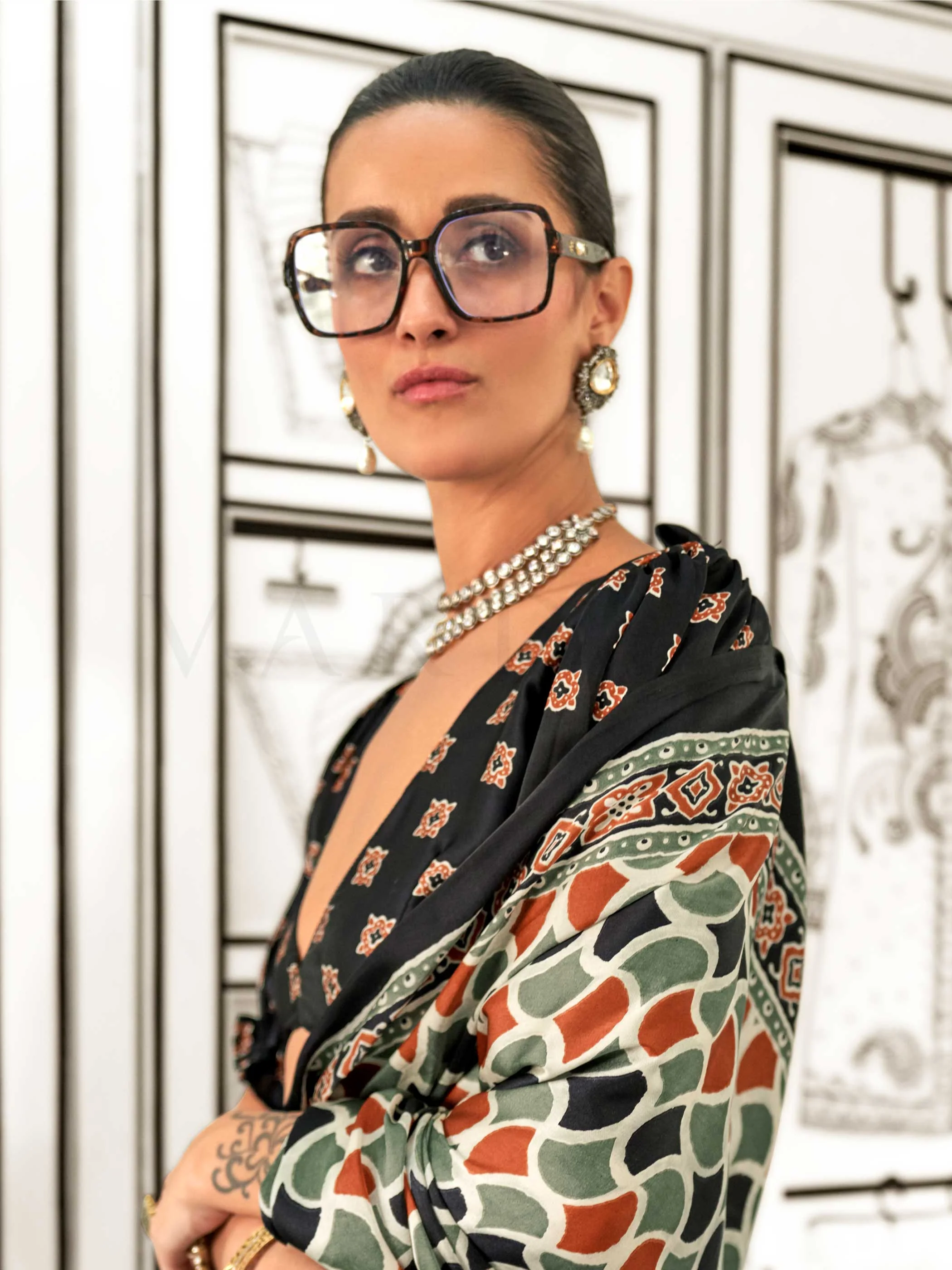 Black-Olive-Red Saree in Satin Crepe Featuring Ajrakh Digital Print - Image 5