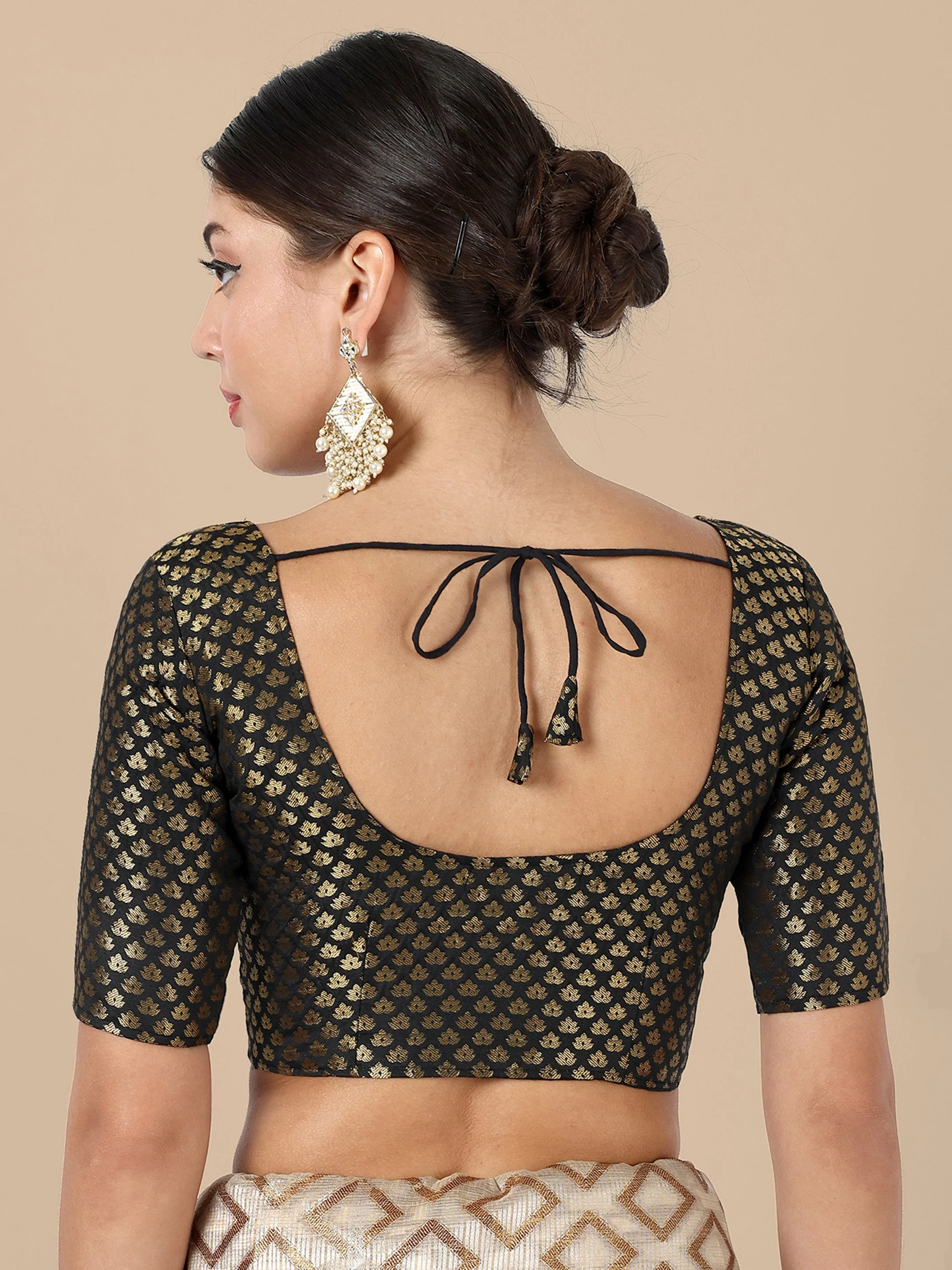 Black Round Neck Brocade Blouse - Image 3