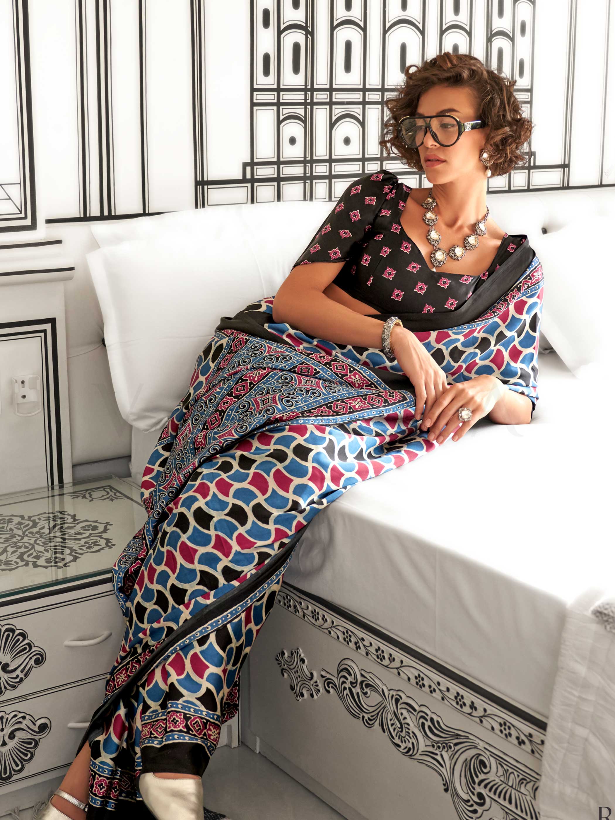 Black Satin Crepe Saree with Matching Blouse Piece - Image 5