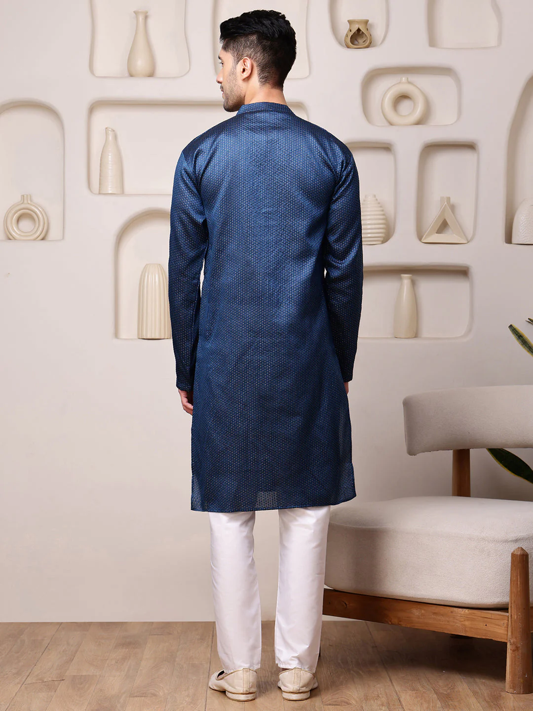 Blue Jacquard Kurta with Mirror Work - Image 5