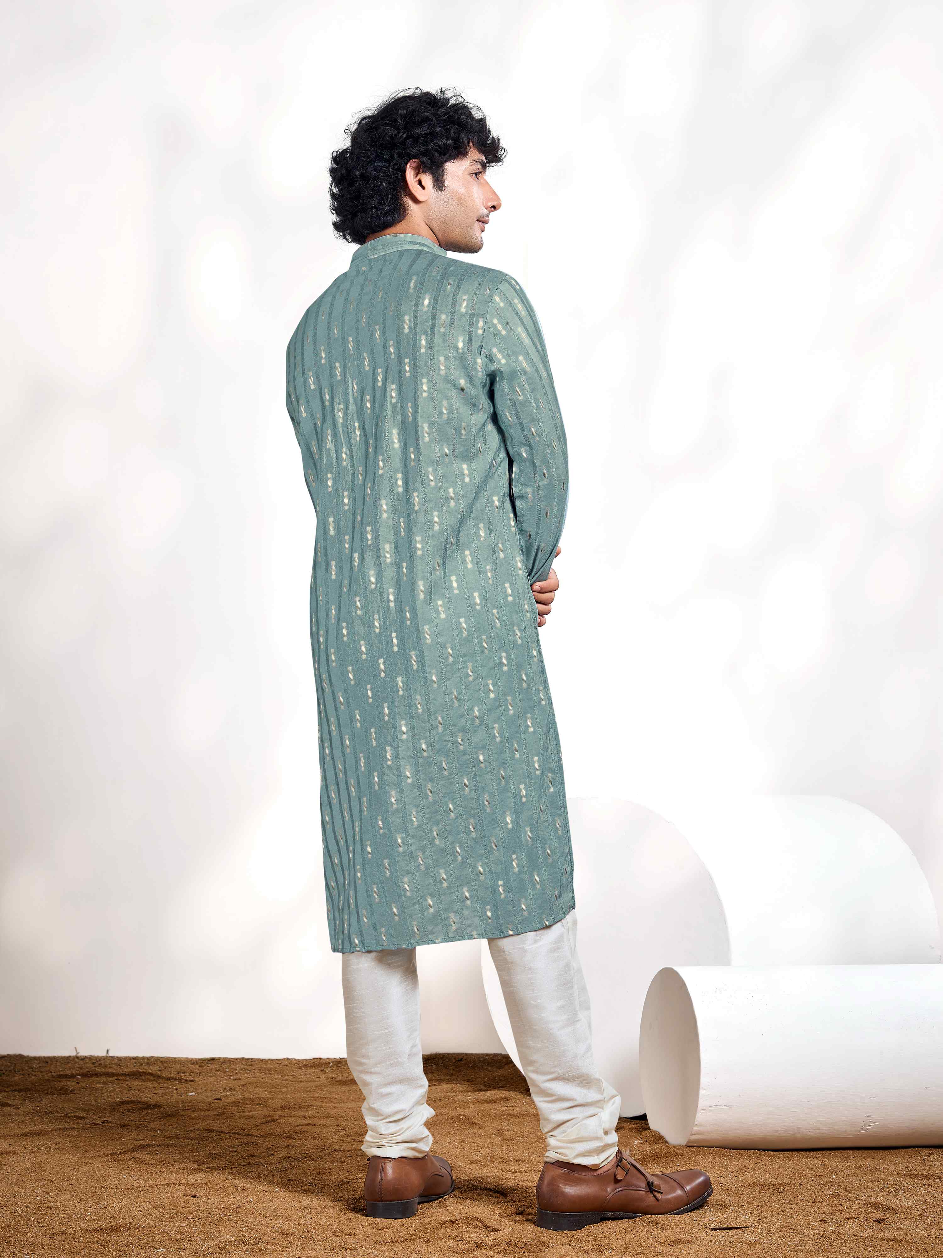 Blue Linear Striped & Diamond Viscose Woven Jacquard Men's Kurta - Image 3