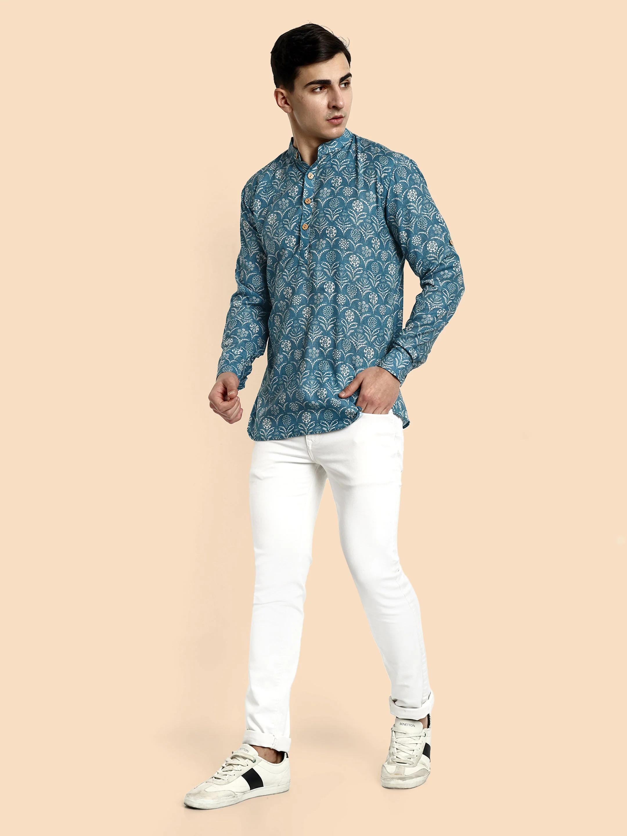 Blue Printed Men's Short Kurta - Image 3