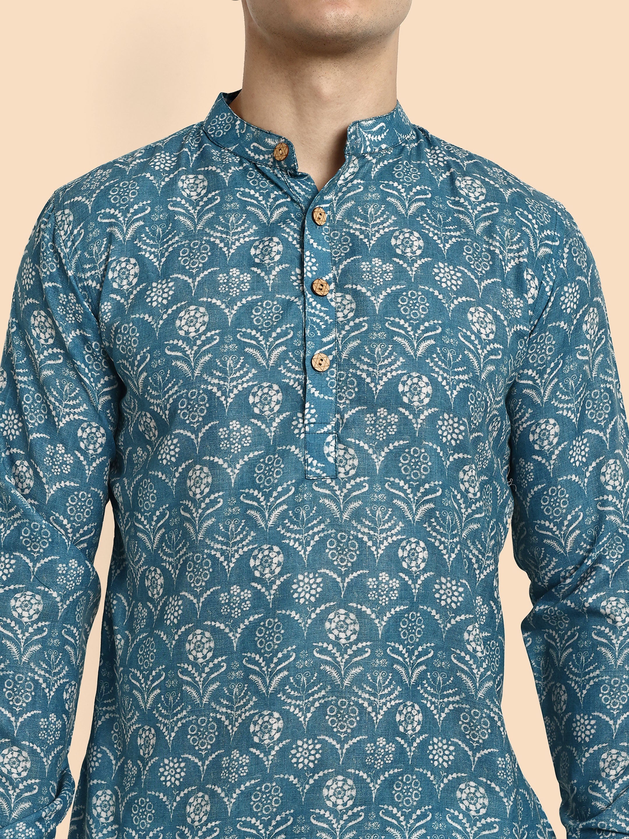 Blue Printed Men's Short Kurta - Image 7