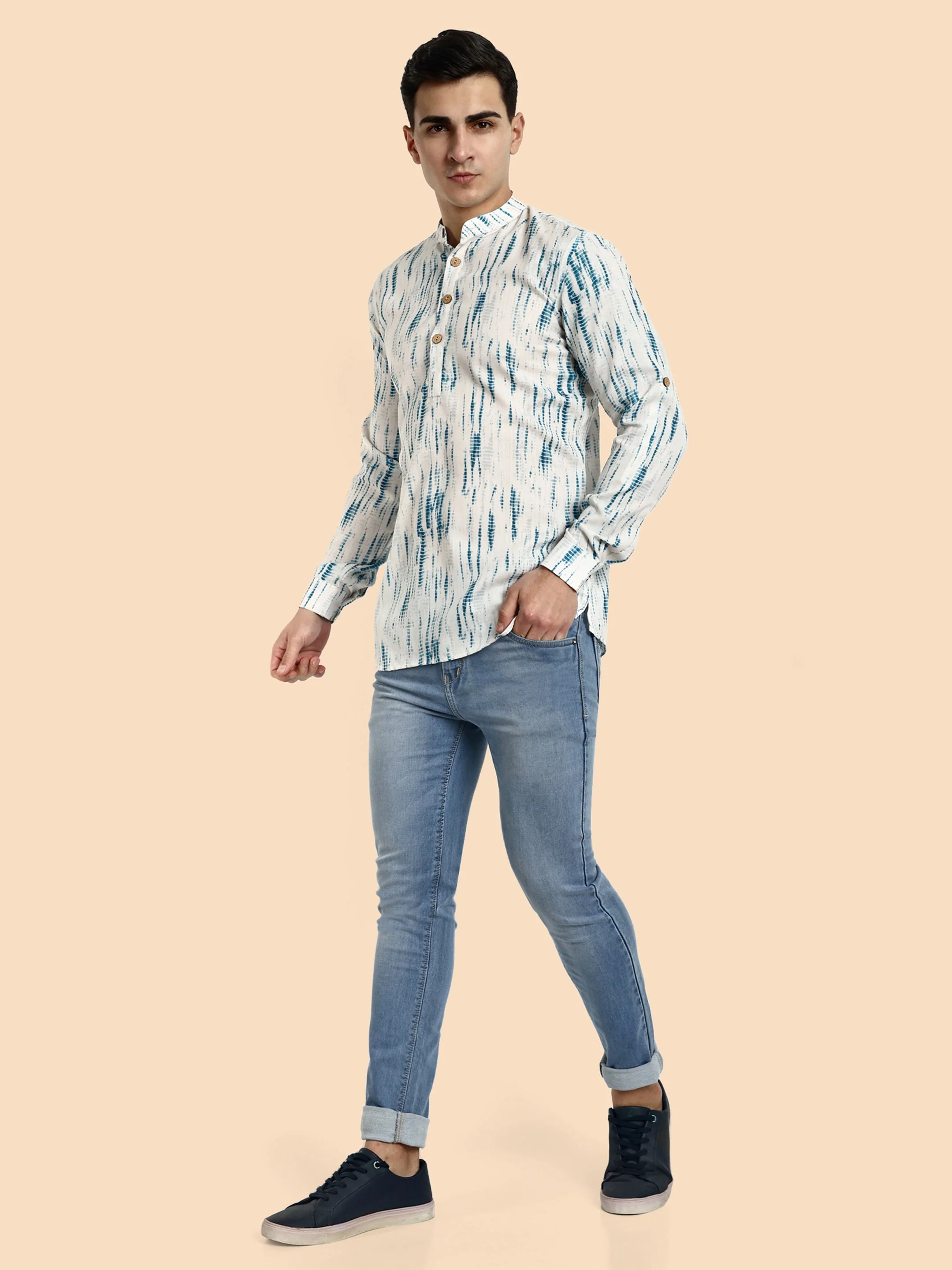 Blue Printed Men's Short Kurta - Image 3
