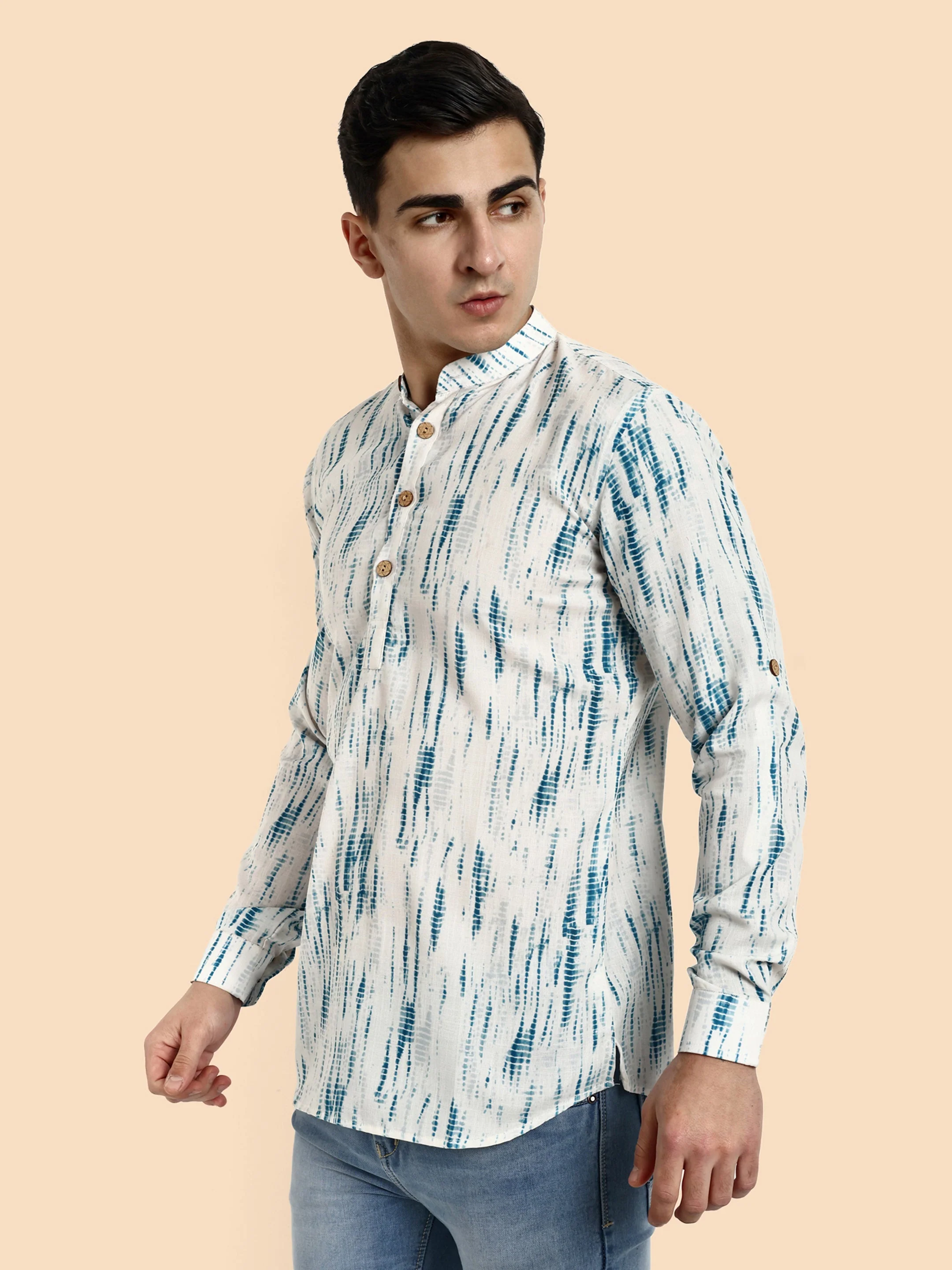 Blue Printed Men's Short Kurta - Image 4
