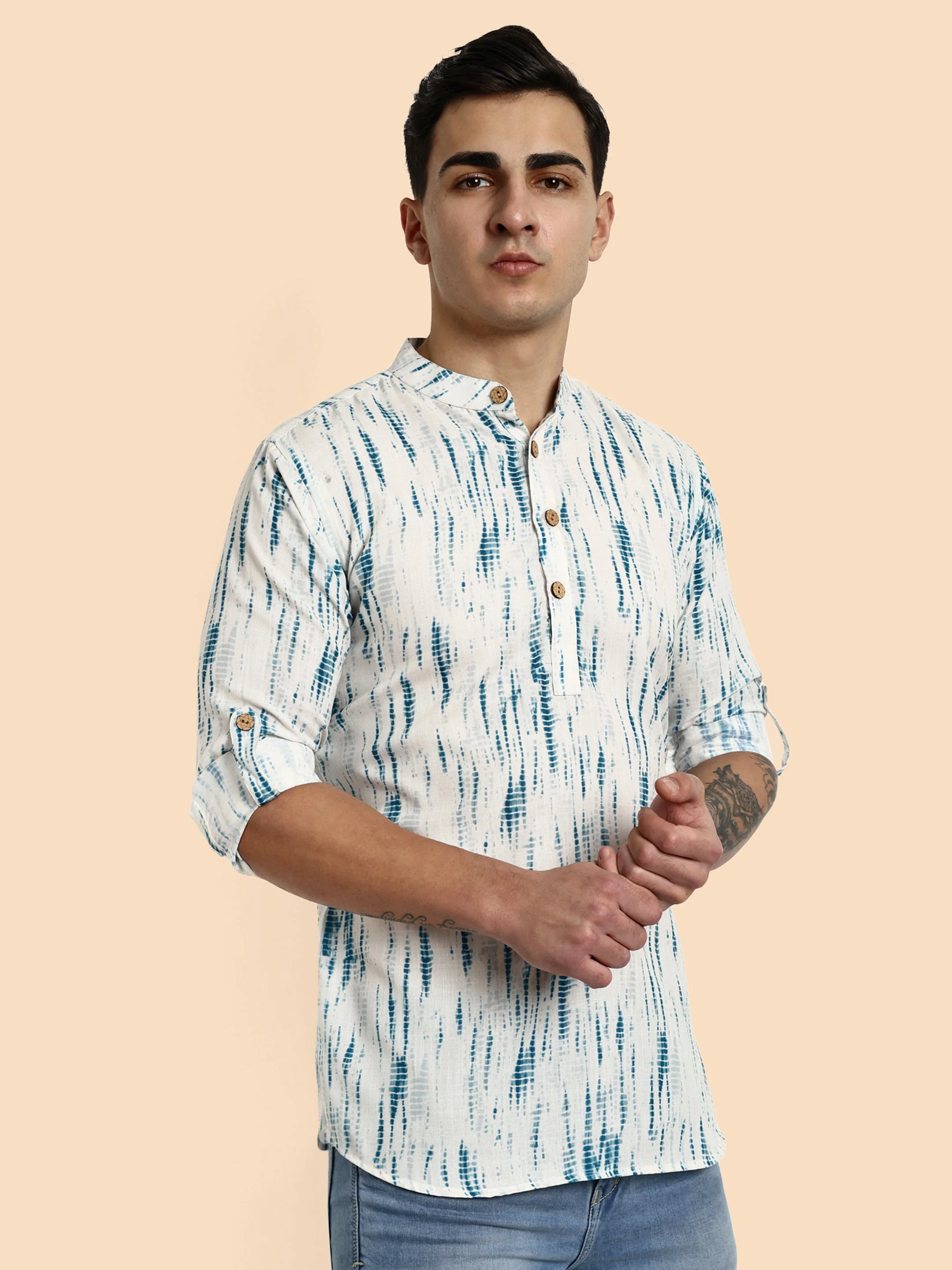 Blue Printed Men's Short Kurta - Image 8