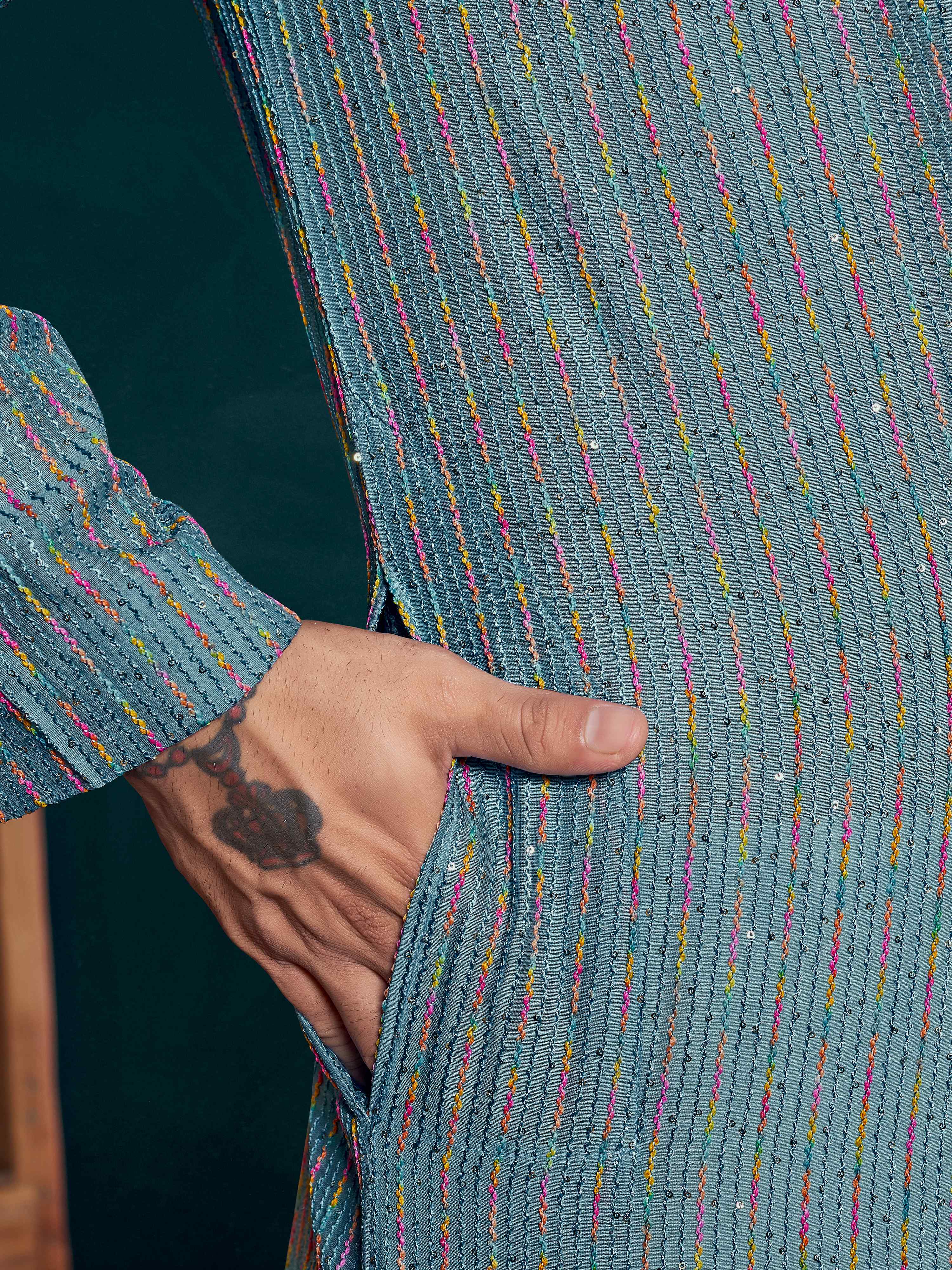 Blue Viscose Sequence Thread Work Men's Kurta - Image 3