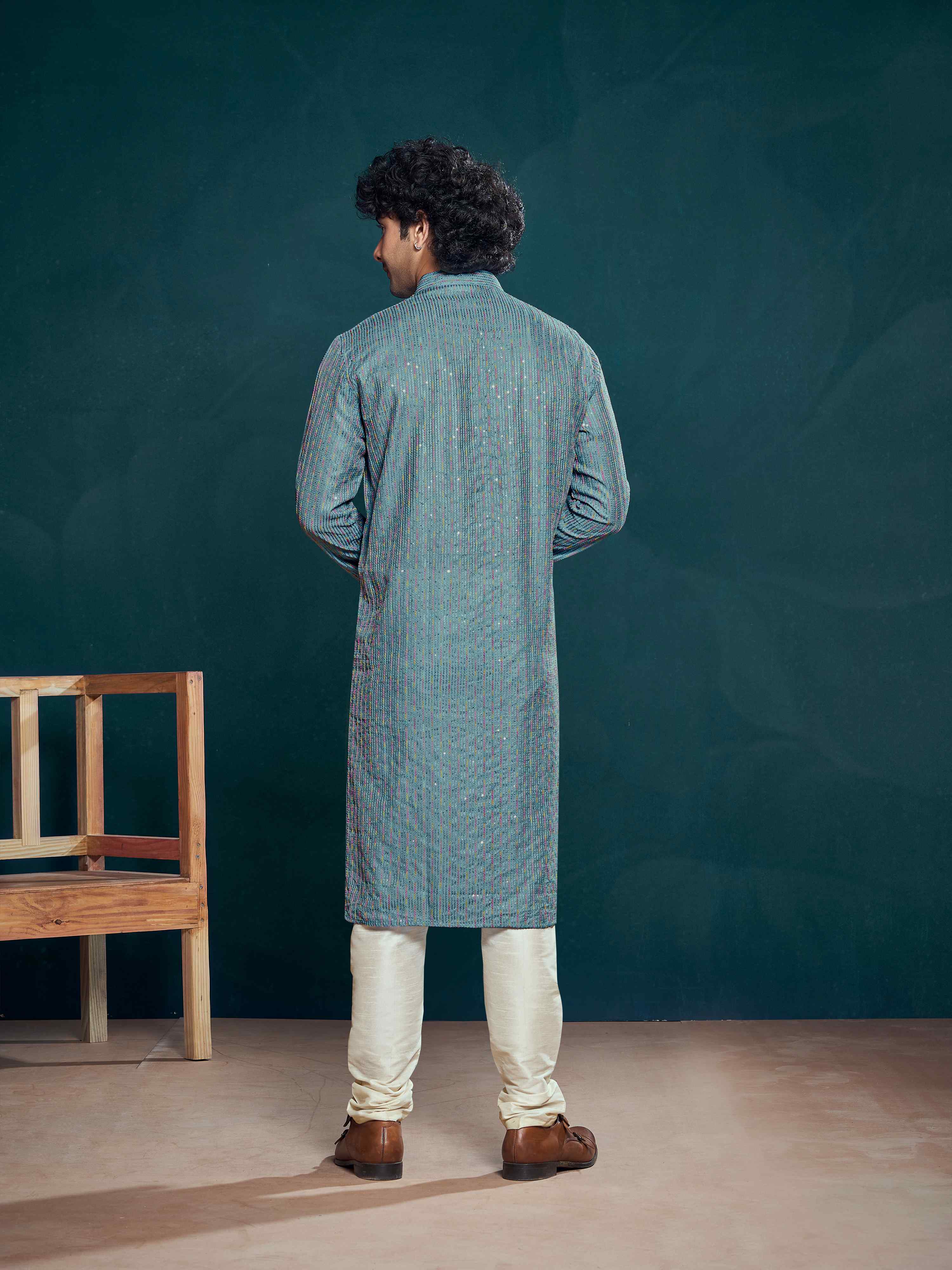 Blue Viscose Sequence Thread Work Men's Kurta - Image 4
