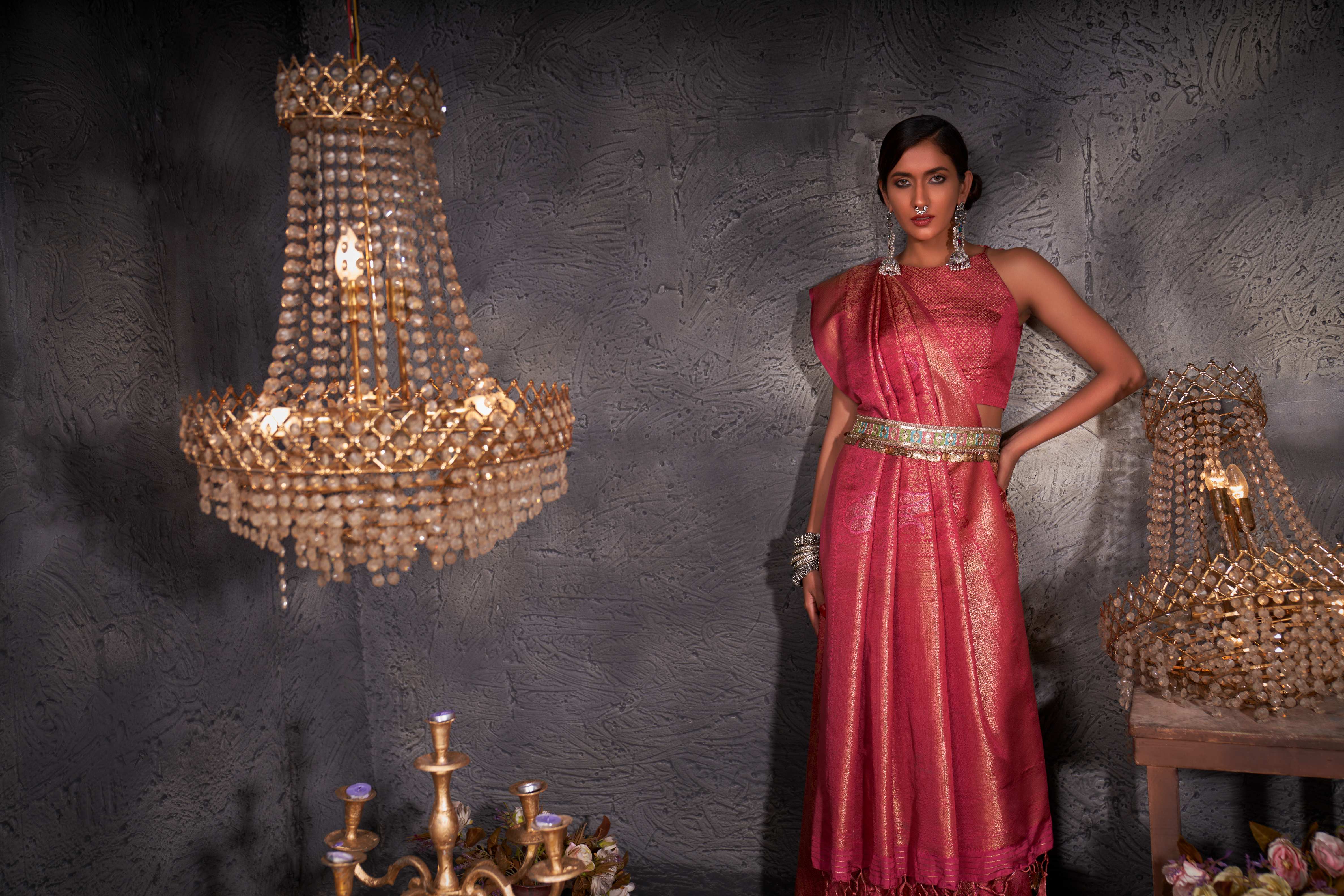 Blush Red Gold with Copper Silver Zari Kanjivaram Silk Saree - Image 3