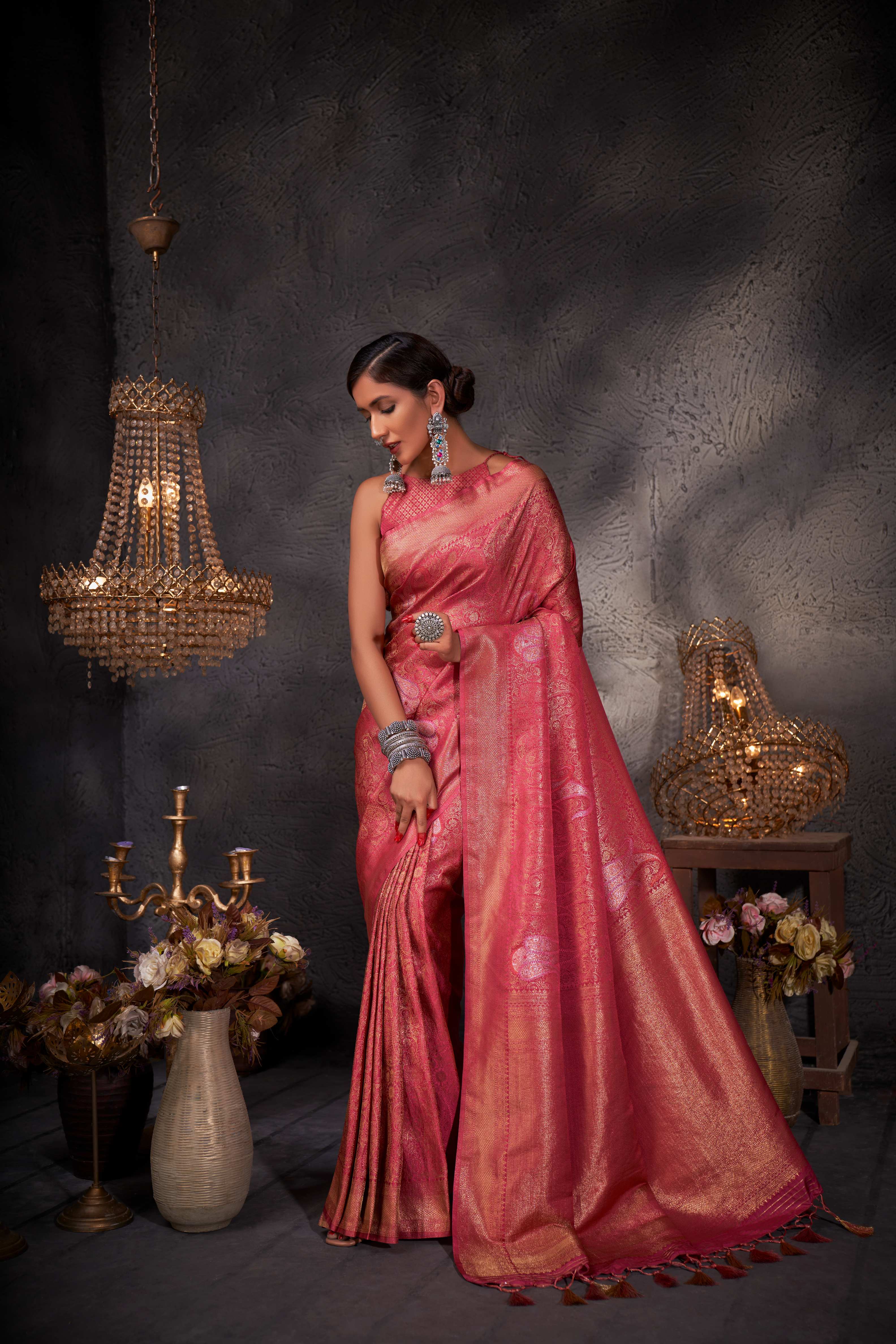 Blush Red Gold with Copper Silver Zari Kanjivaram Silk Saree - Image 4
