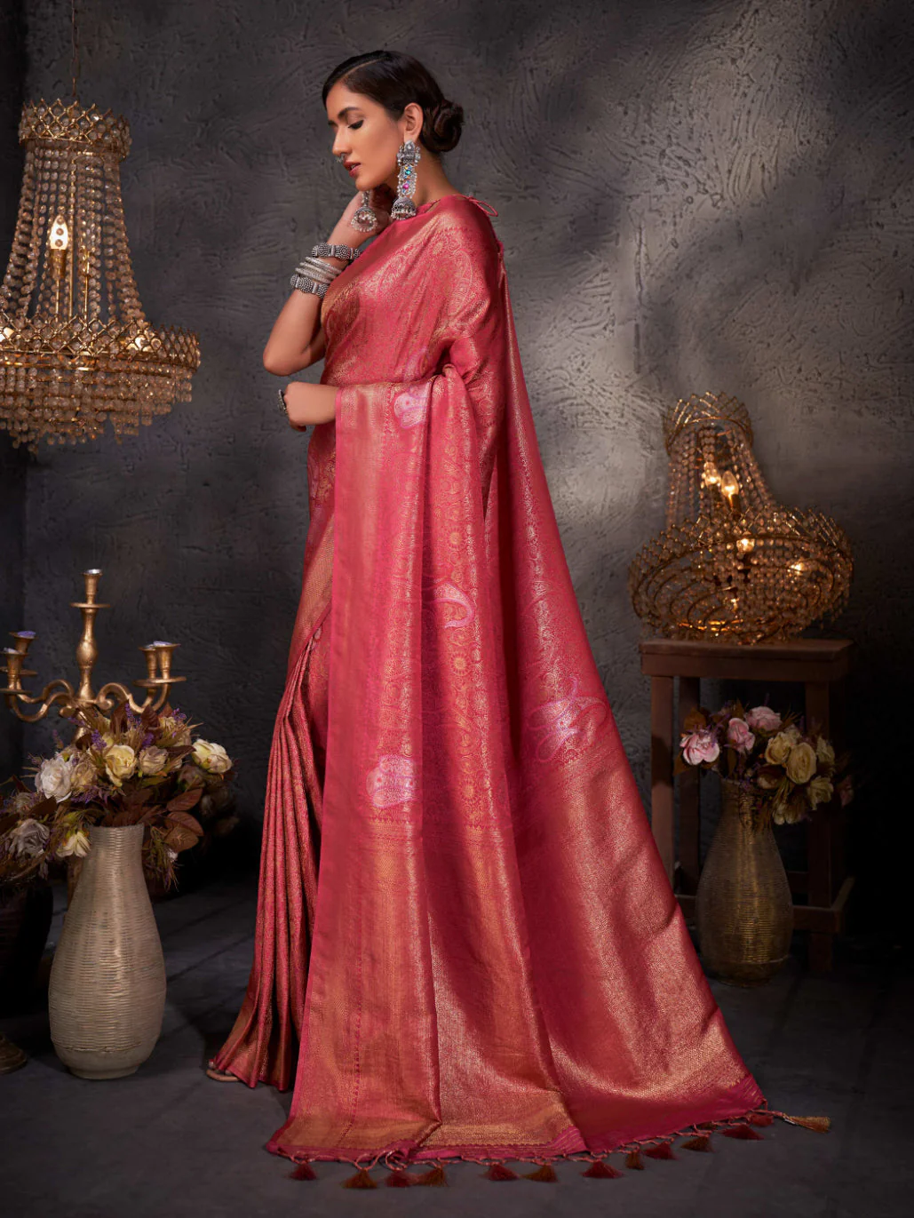 Blush Red Gold with Copper Silver Zari Kanjivaram Silk Saree - Image 5