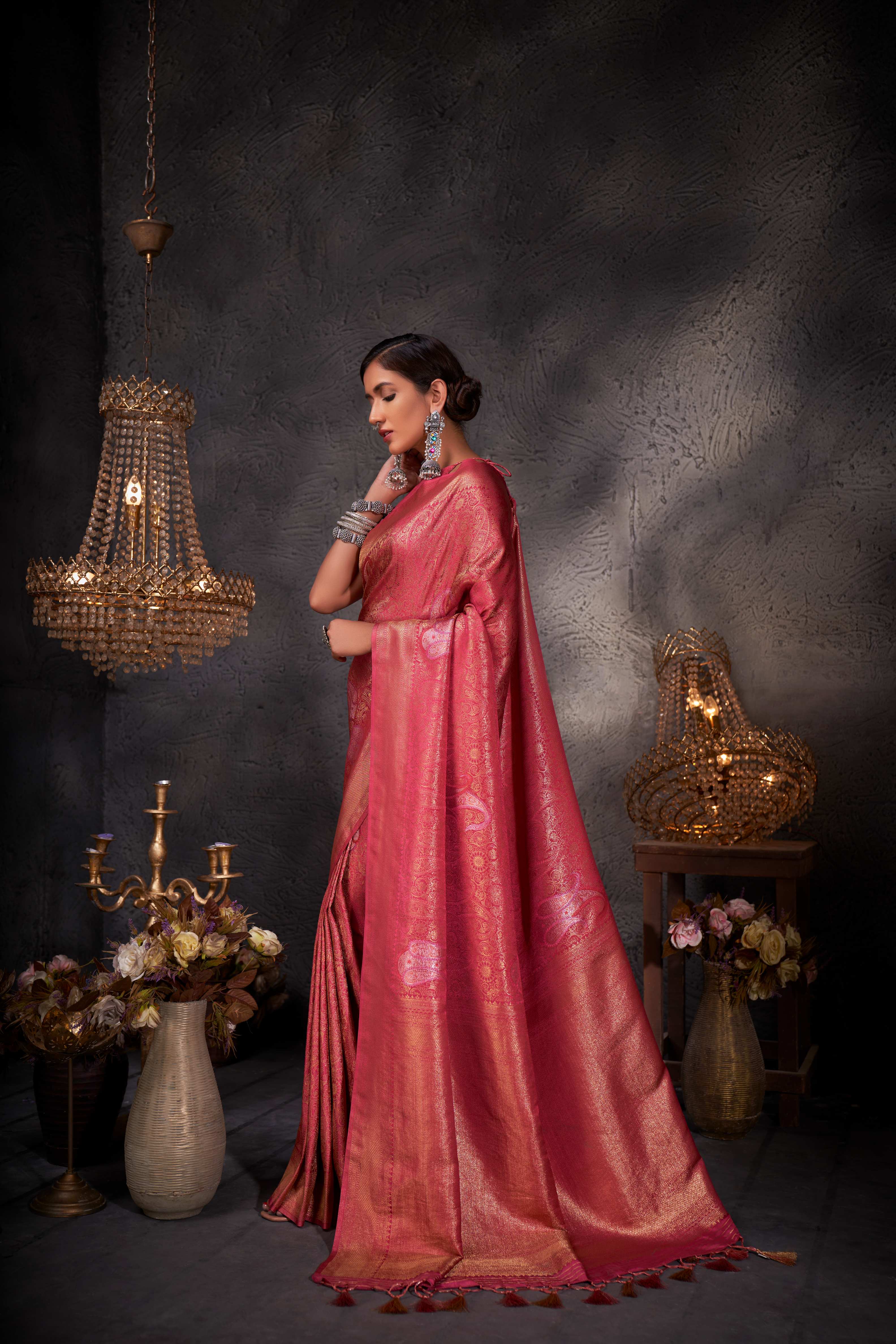 Blush Red Gold with Copper Silver Zari Kanjivaram Silk Saree - Image 6