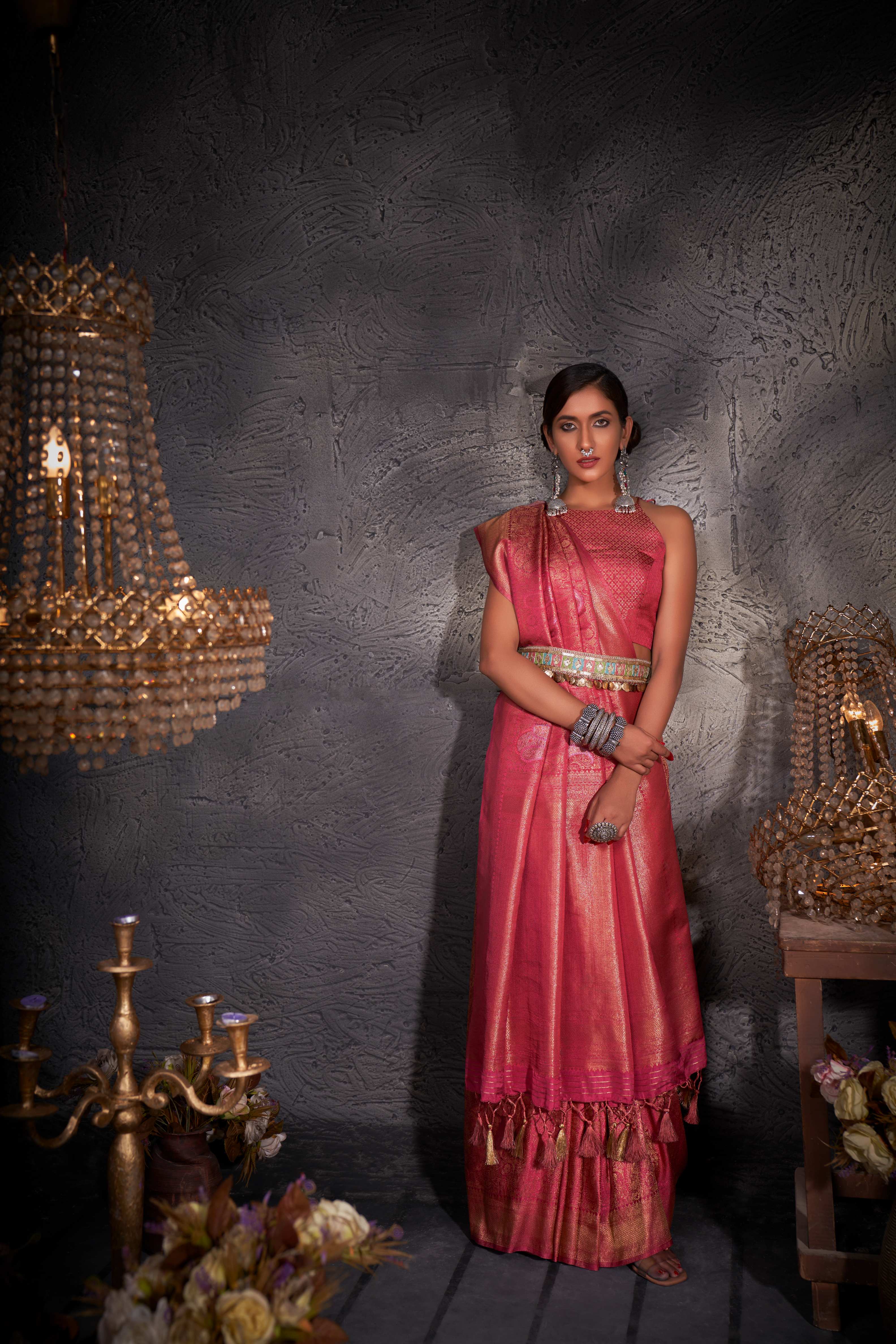 Blush Red Gold with Copper Silver Zari Kanjivaram Silk Saree - Image 7