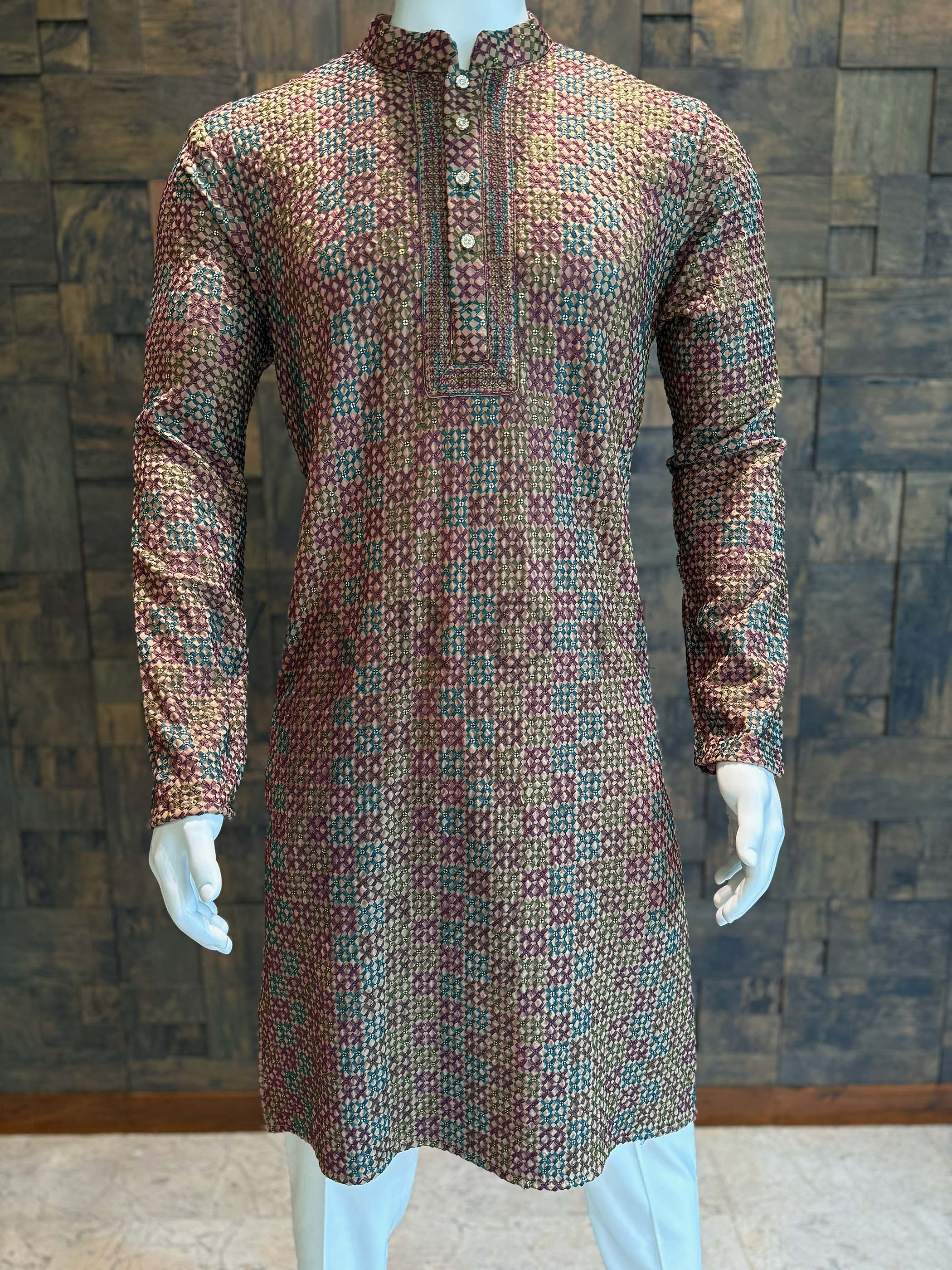 Brown Geometric Viscose Kurta with Sequins - Image 3
