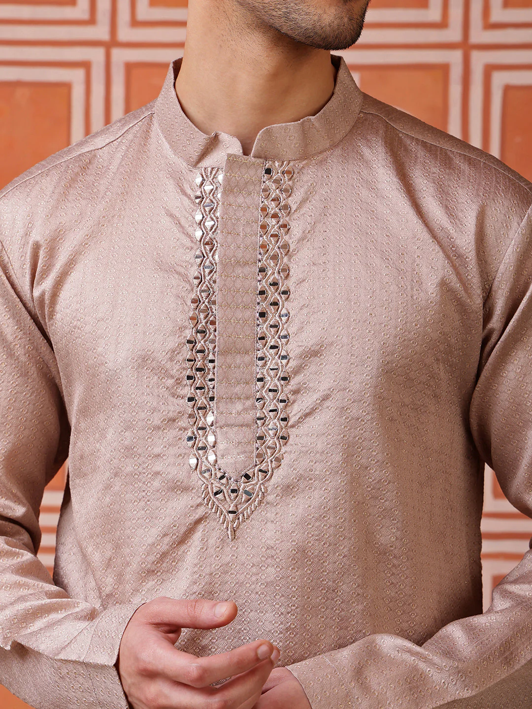 Brown Jacquard Kurta with Mirror Work - Image 3