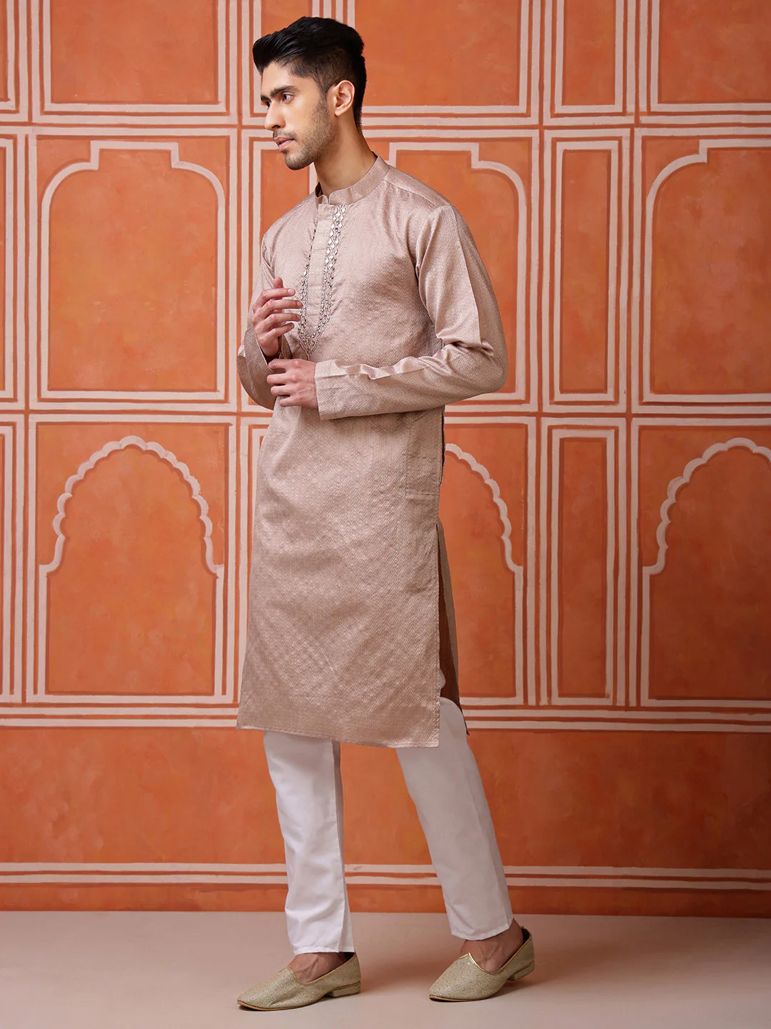 Brown Jacquard Kurta with Mirror Work - Image 4