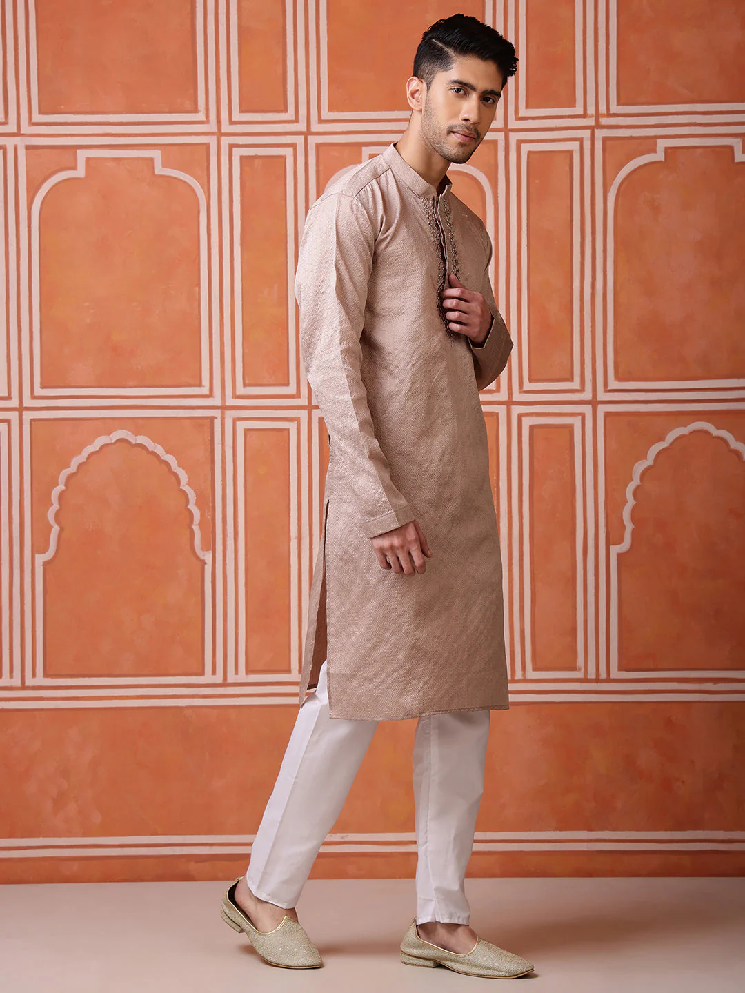 Brown Jacquard Kurta with Mirror Work - Image 6