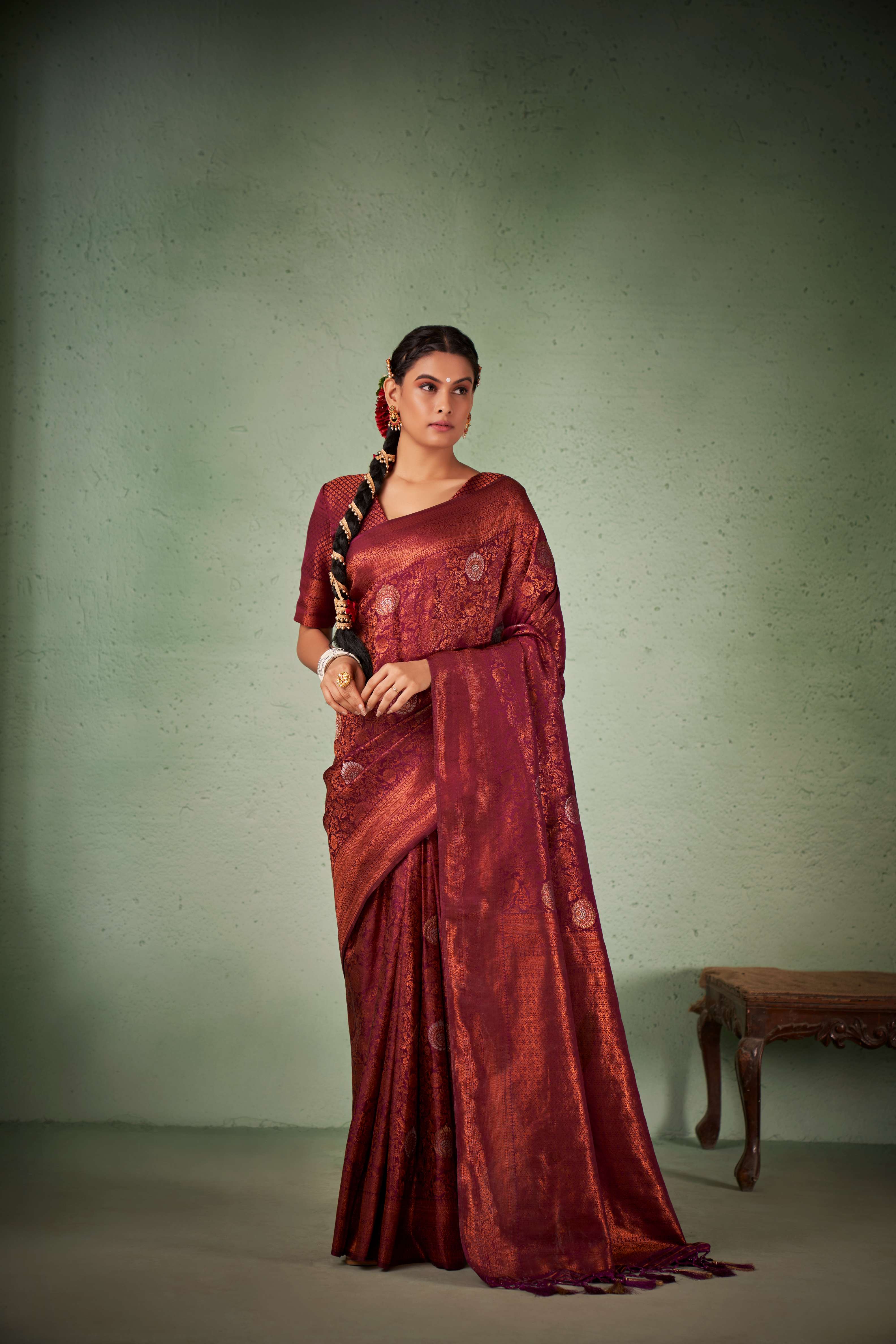 Wine Copper Zari Kanjivaram Silk Saree - Image 3
