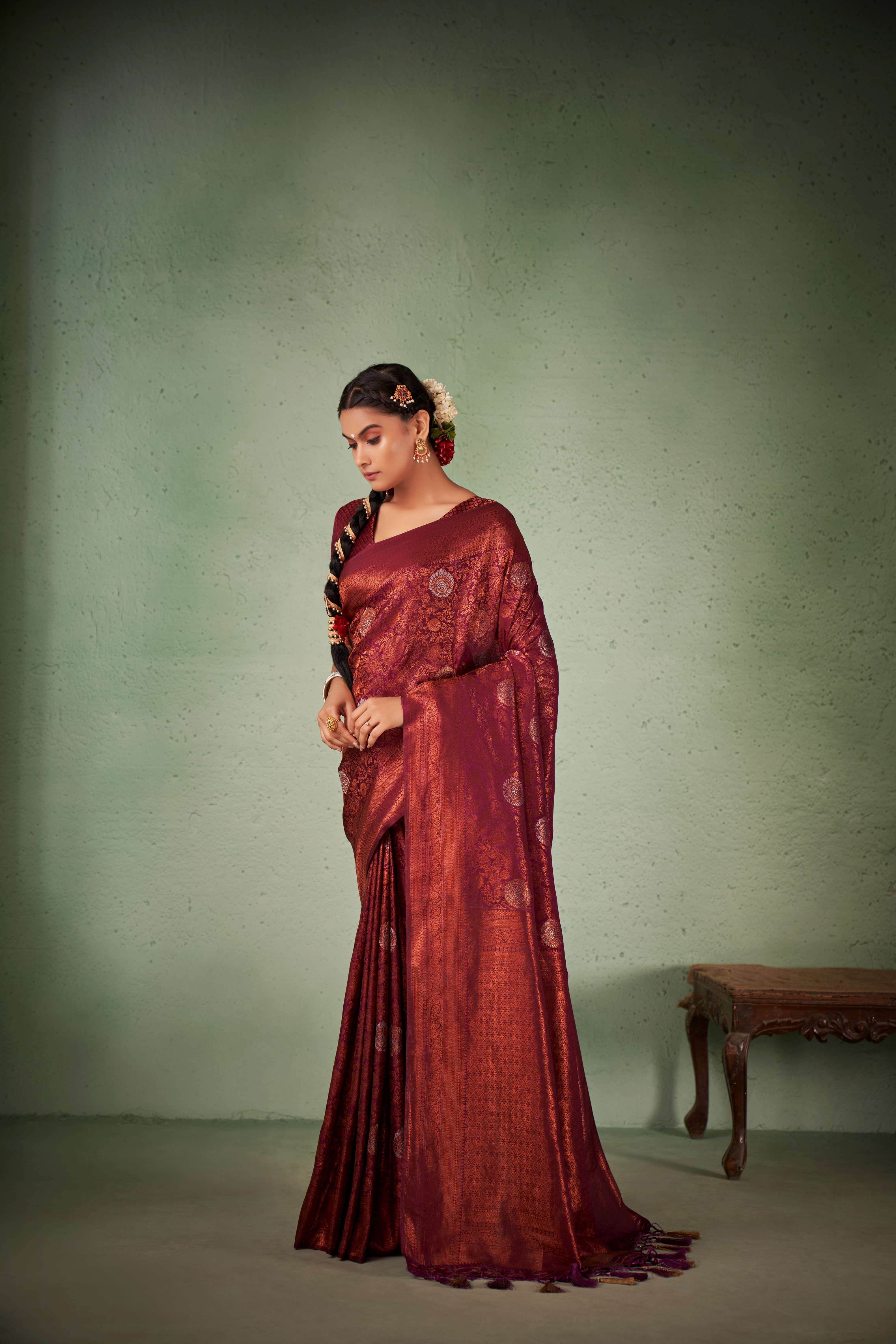 Wine Copper Zari Kanjivaram Silk Saree - Image 4