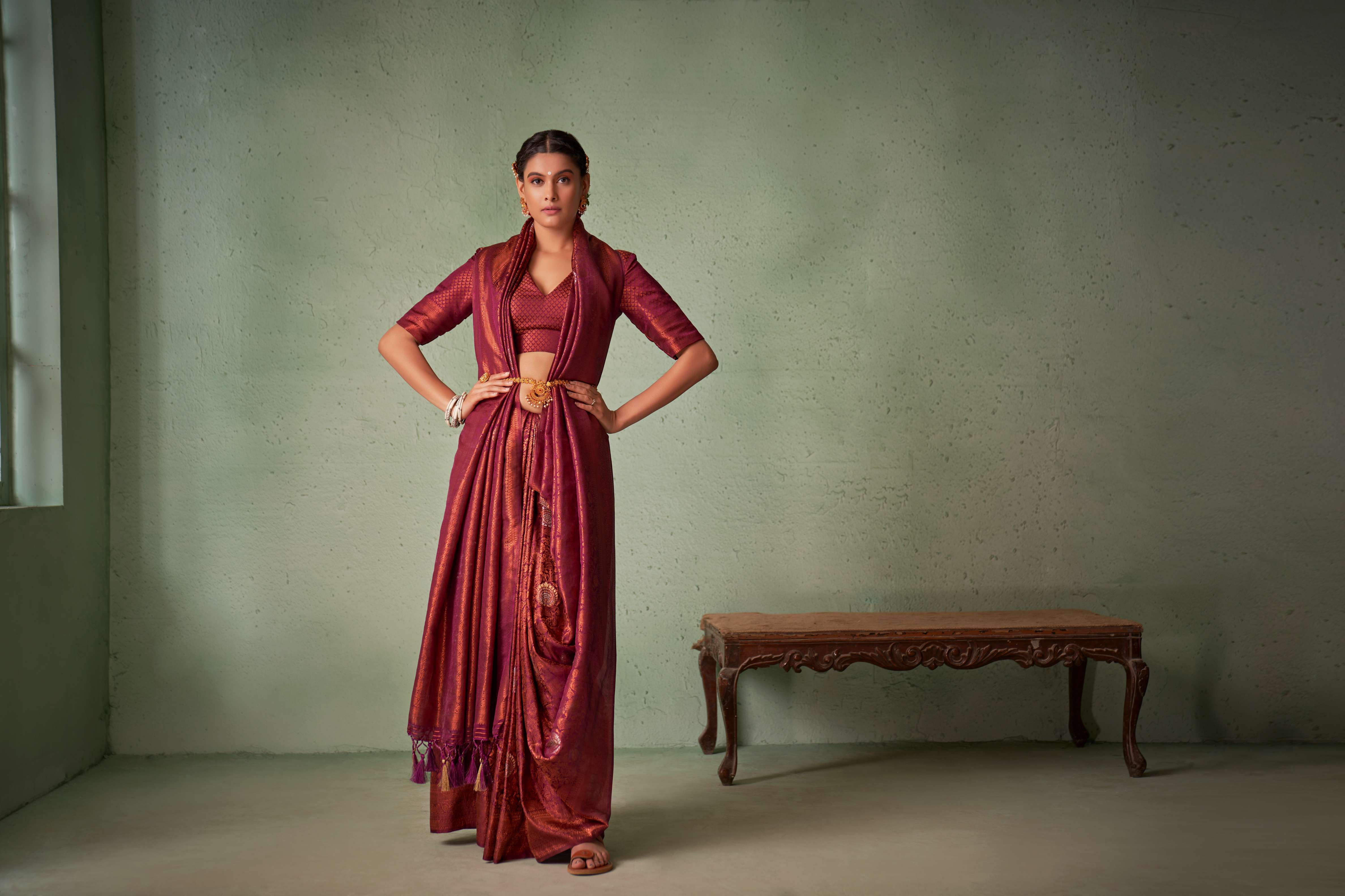 Wine Copper Zari Kanjivaram Silk Saree - Image 5