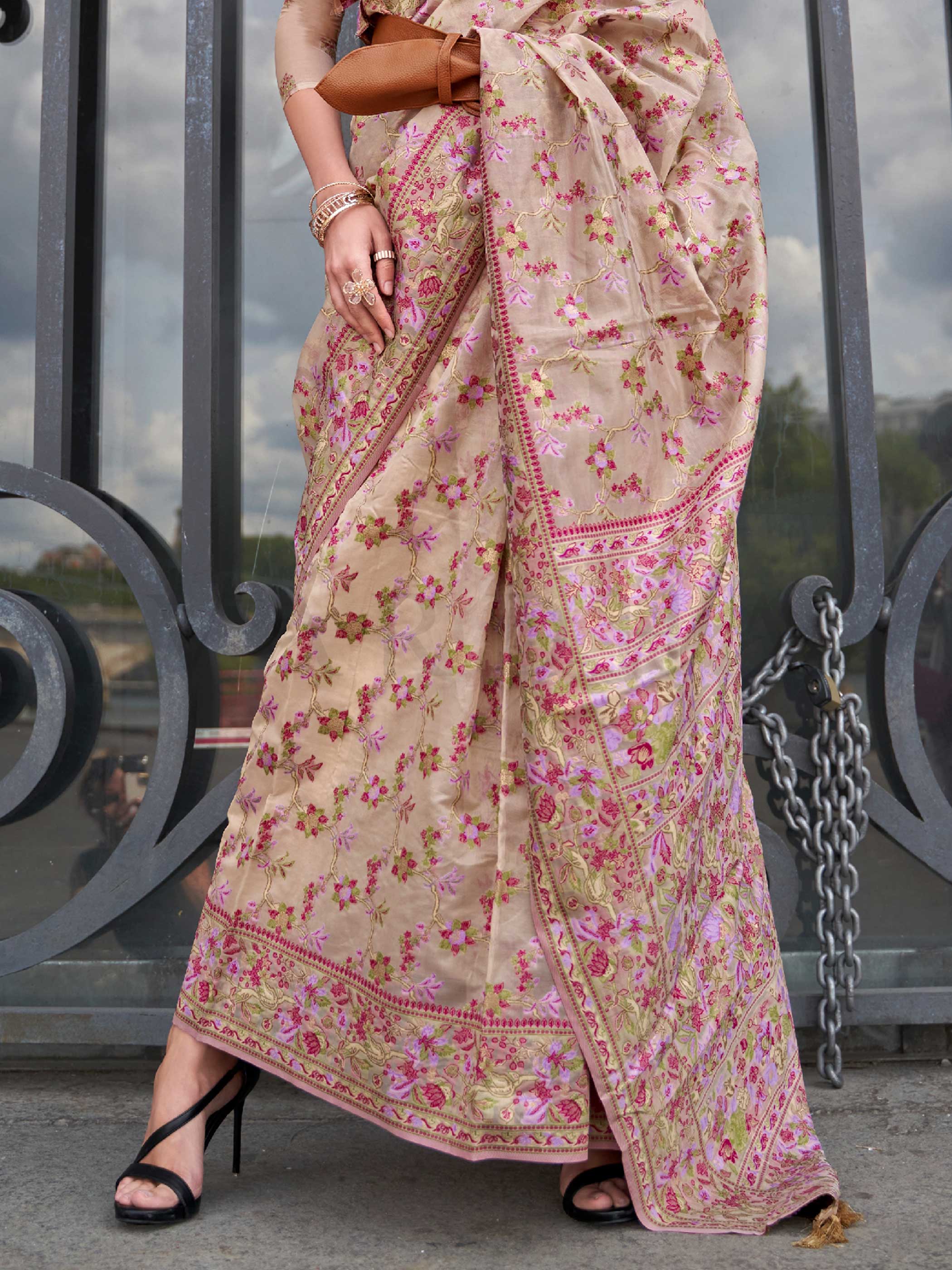 Champagne Beige Organza Silk Saree - Image 3