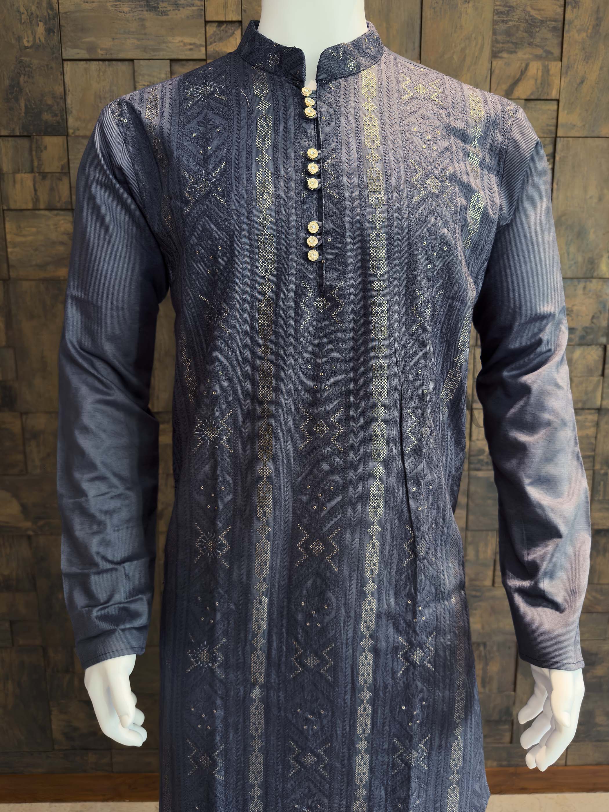 Charcoal Grey Viscose Jacquard Kurta with Sequins - Image 3