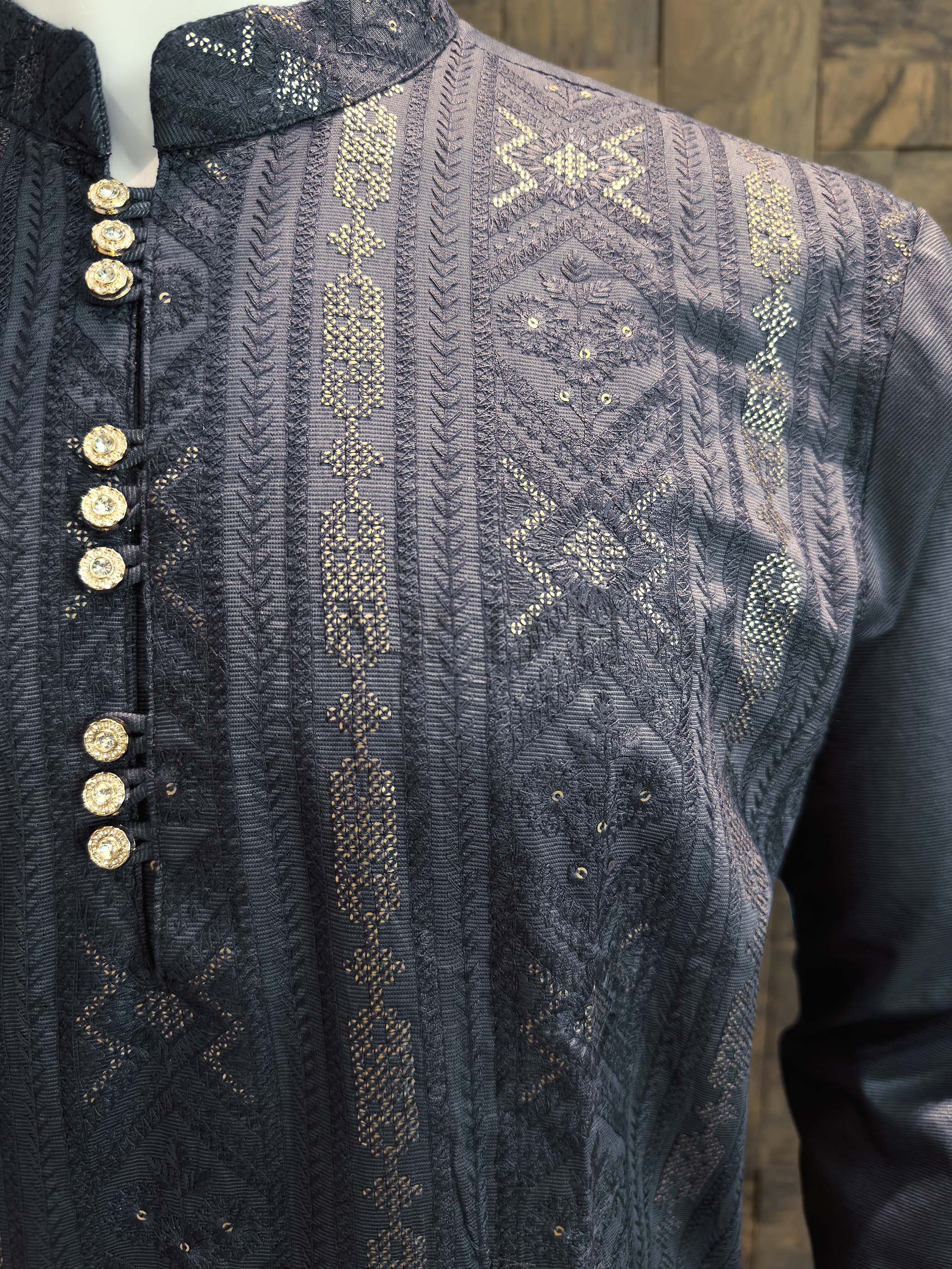 Charcoal Grey Viscose Jacquard Kurta with Sequins - Image 4