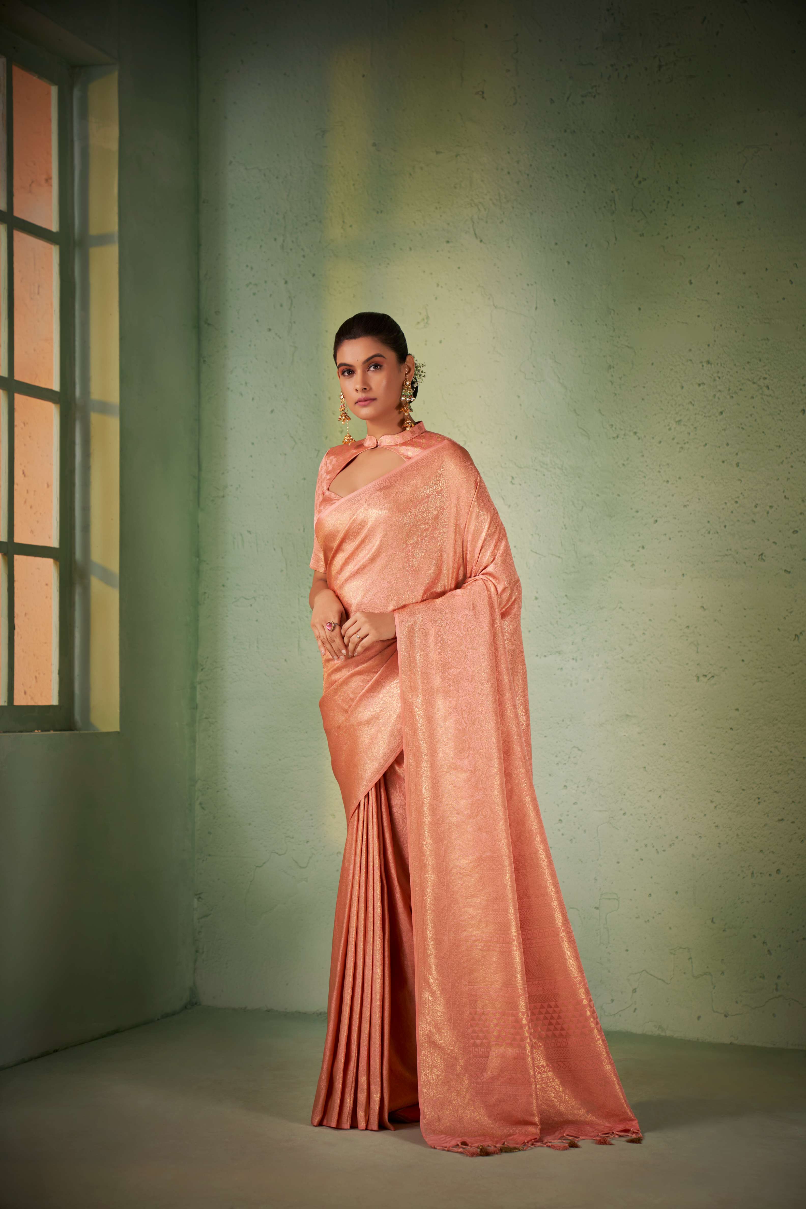 Cherry Pink Gold Zari Kanjivaram Silk Saree - Image 3