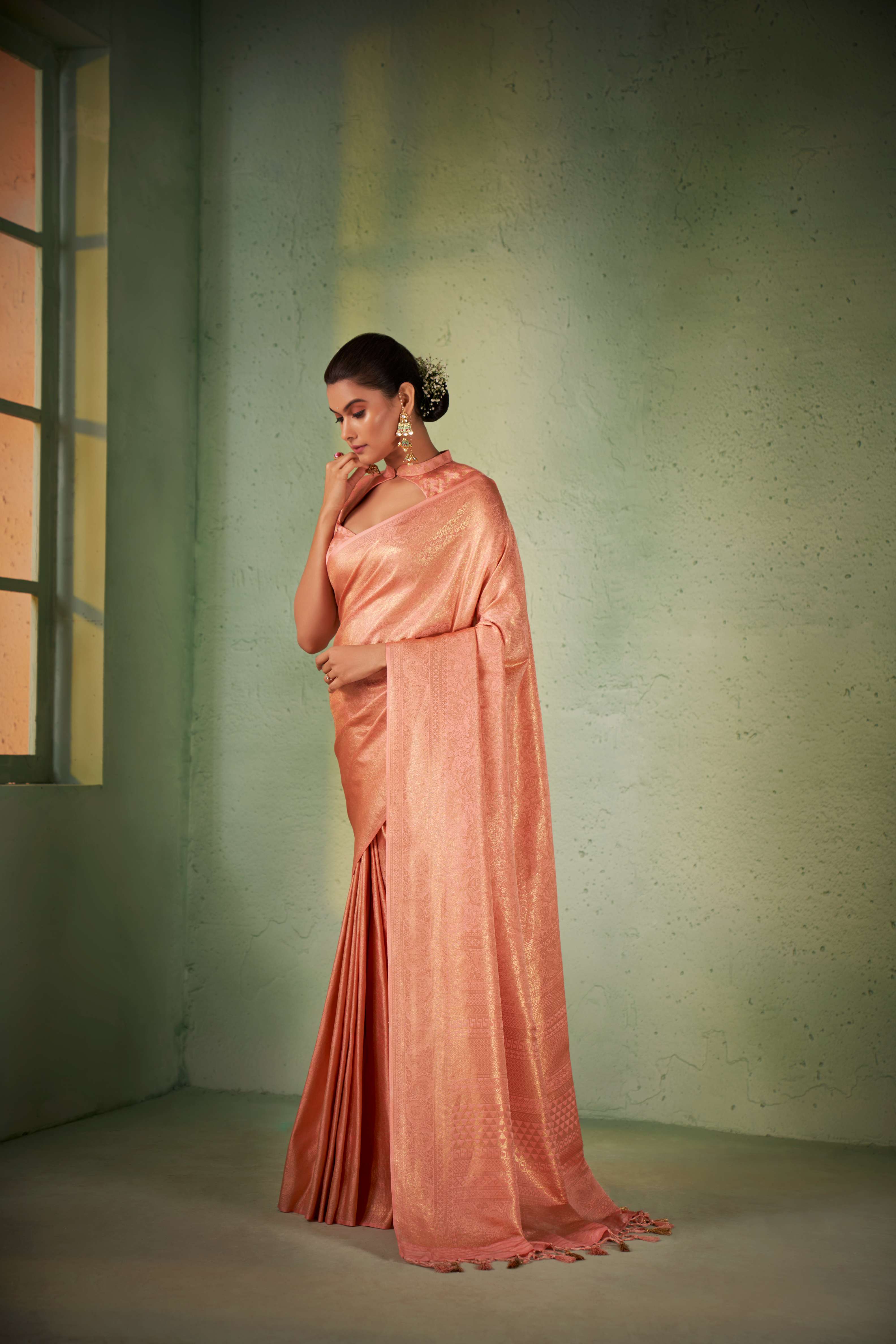 Cherry Pink Gold Zari Kanjivaram Silk Saree - Image 4