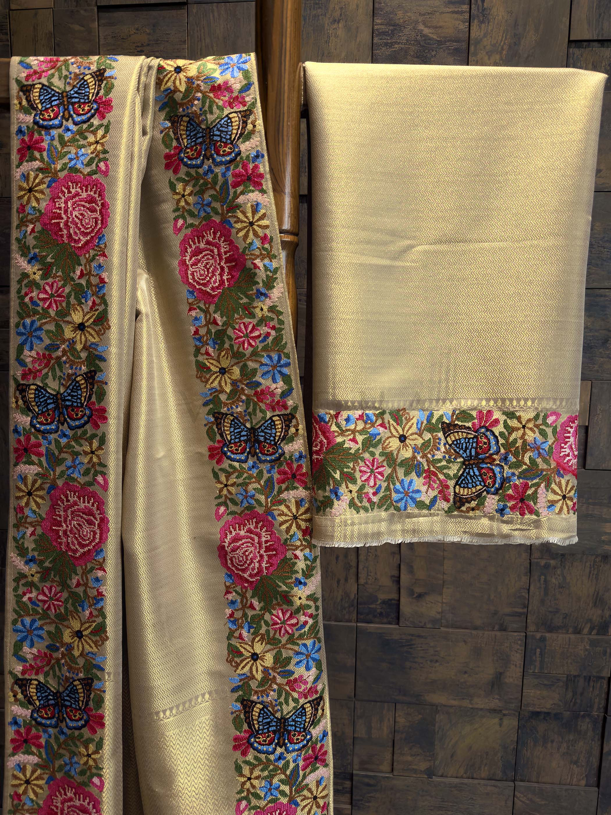 Chikoo Tissue Kanjivaram Silk Saree with Parsi Gara Embroidery - Image 4